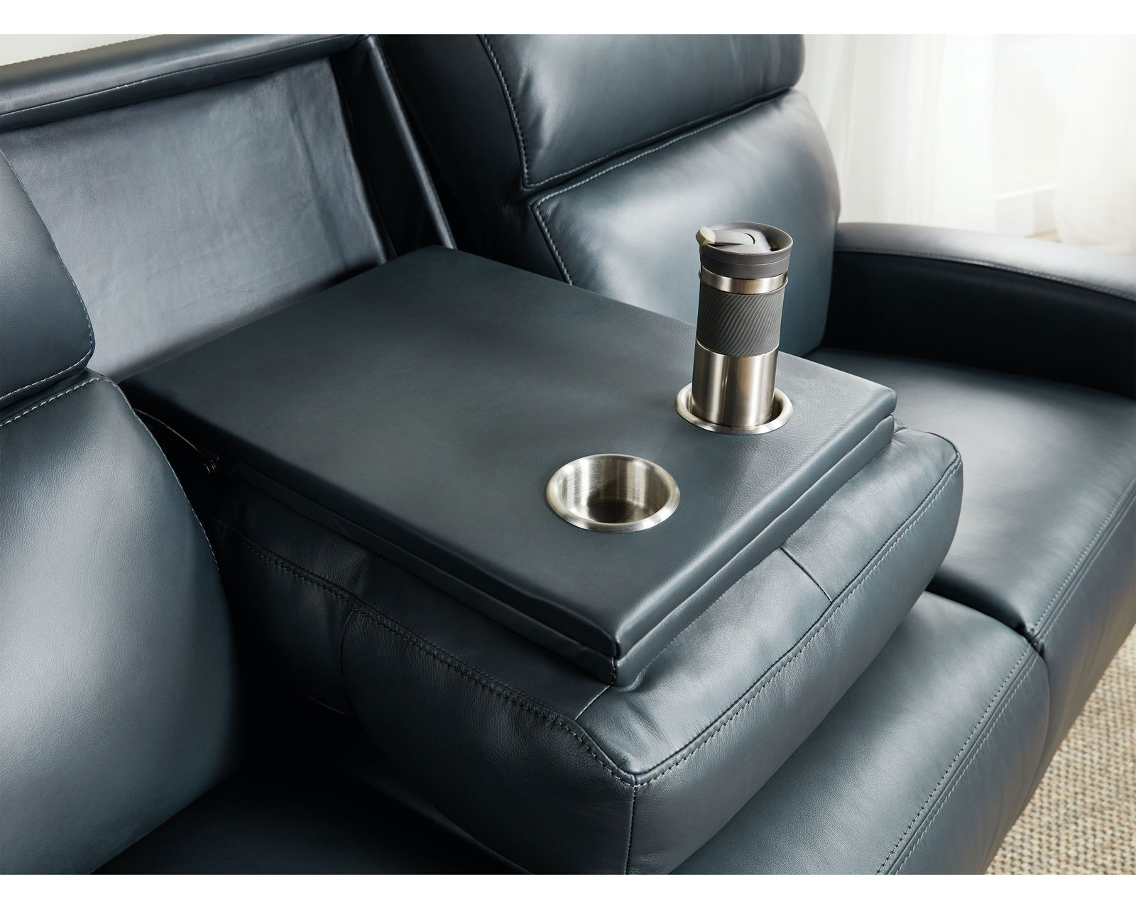 Ruthe ZeroGravity Power Sofa w/Power Headrest & Hidden Console (Denim Top Grain Leather) In stock - Features Hidden Console with Metal Cupholders
