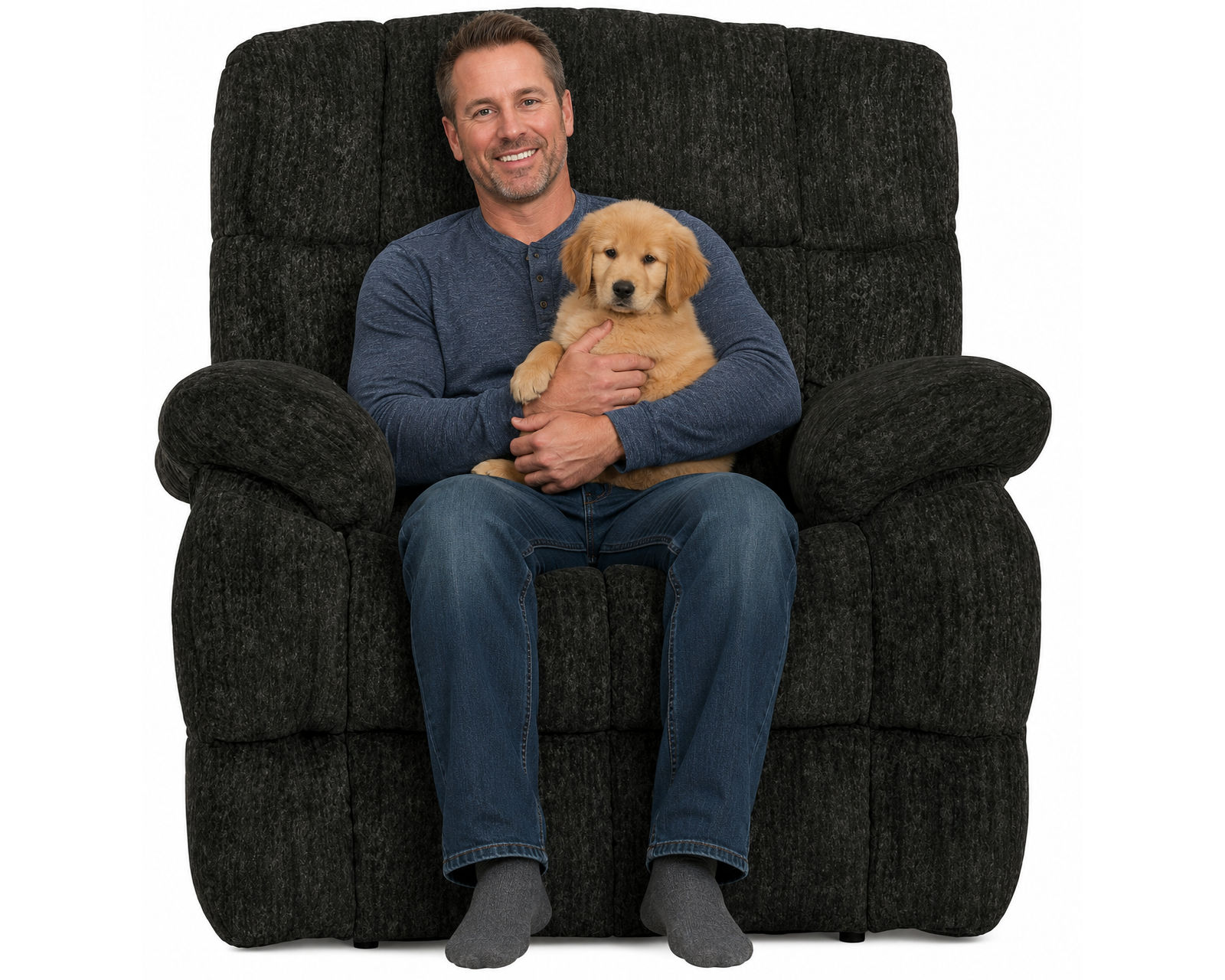 Cirrus Rocker Recliner or Power Lay Flat Recliner - Transitional Style. Deep-Cushioned Comfort. Relaxation Your Way (two colors) - Shown in Fabric Color Charcoal