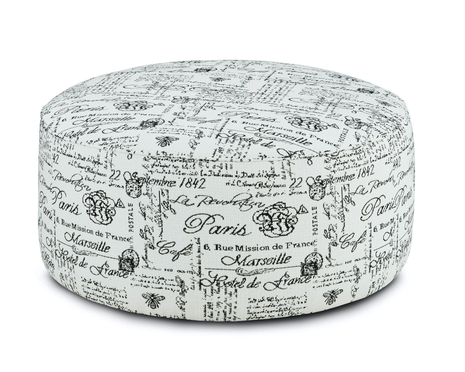 Dizzy Iron 88" Sofa (includes pillows) - Francaise Ebony 39" Round Cocktail Ottoman