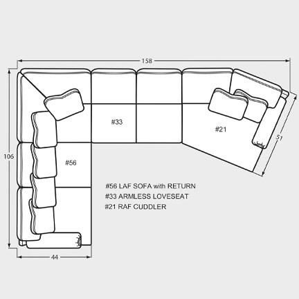 Layout J: Three Piece Sectional 106" x 158" x 51"