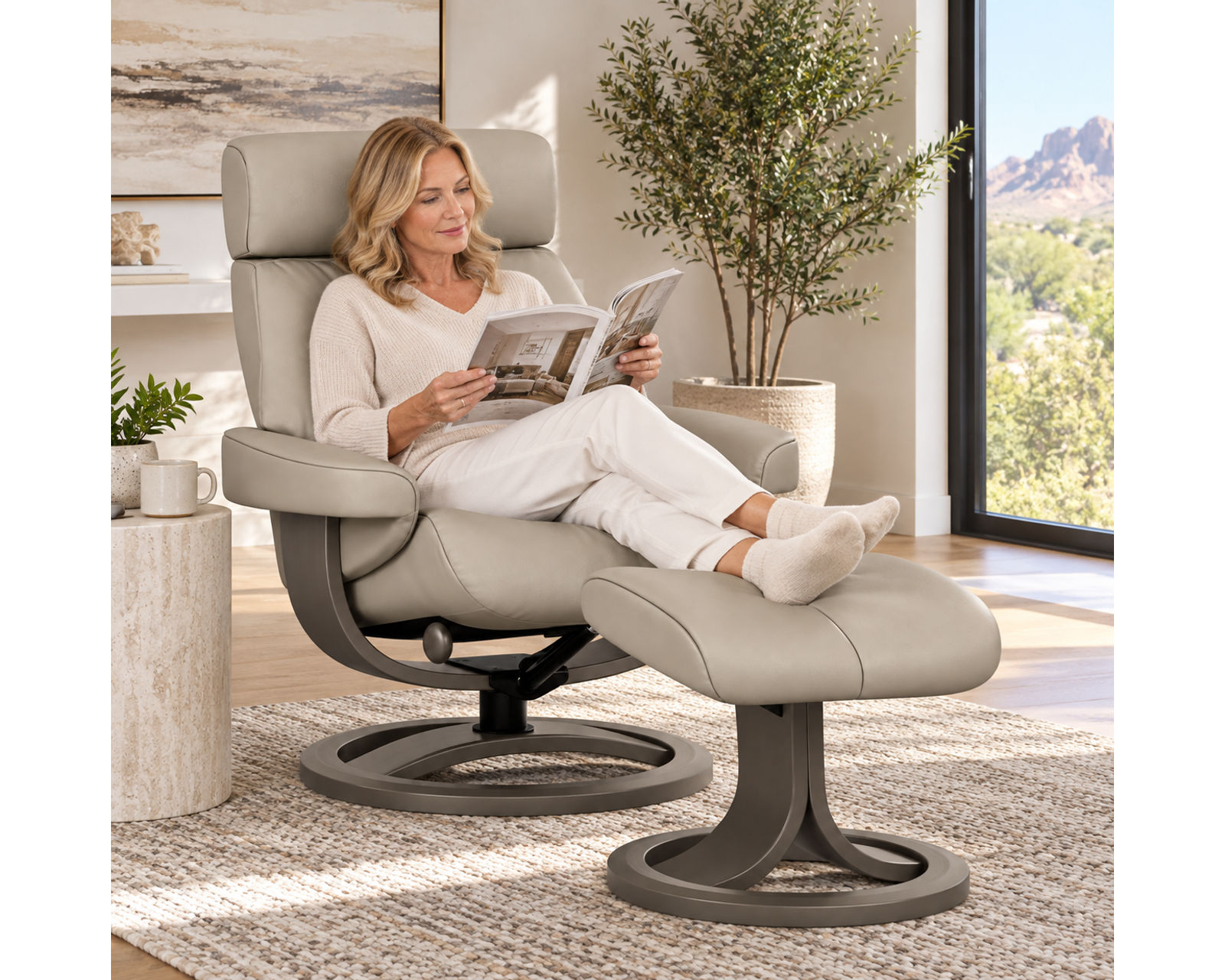 Nordic 85 Reclining Chair & Footstool (IN STOCK) Scandinavian Comfort. Personalized from Head to Toe - Shown in Top Grain Leather Color Trend Arctic Grey