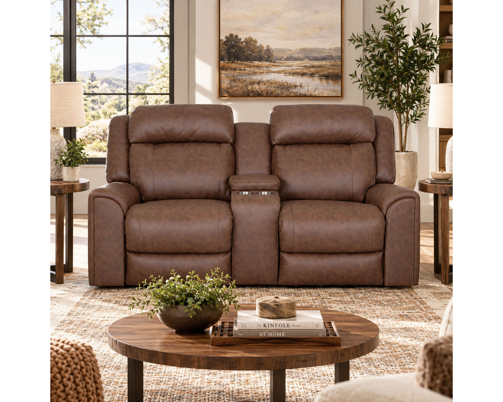 Parker 91" Reclining Sofa with Drop-Down Table & Cupholders Brown (Refined Style. Personalized Comfort. Available Neori™ Air Massage) - Shown In Durable Leather Like Fabric Vintage Brown