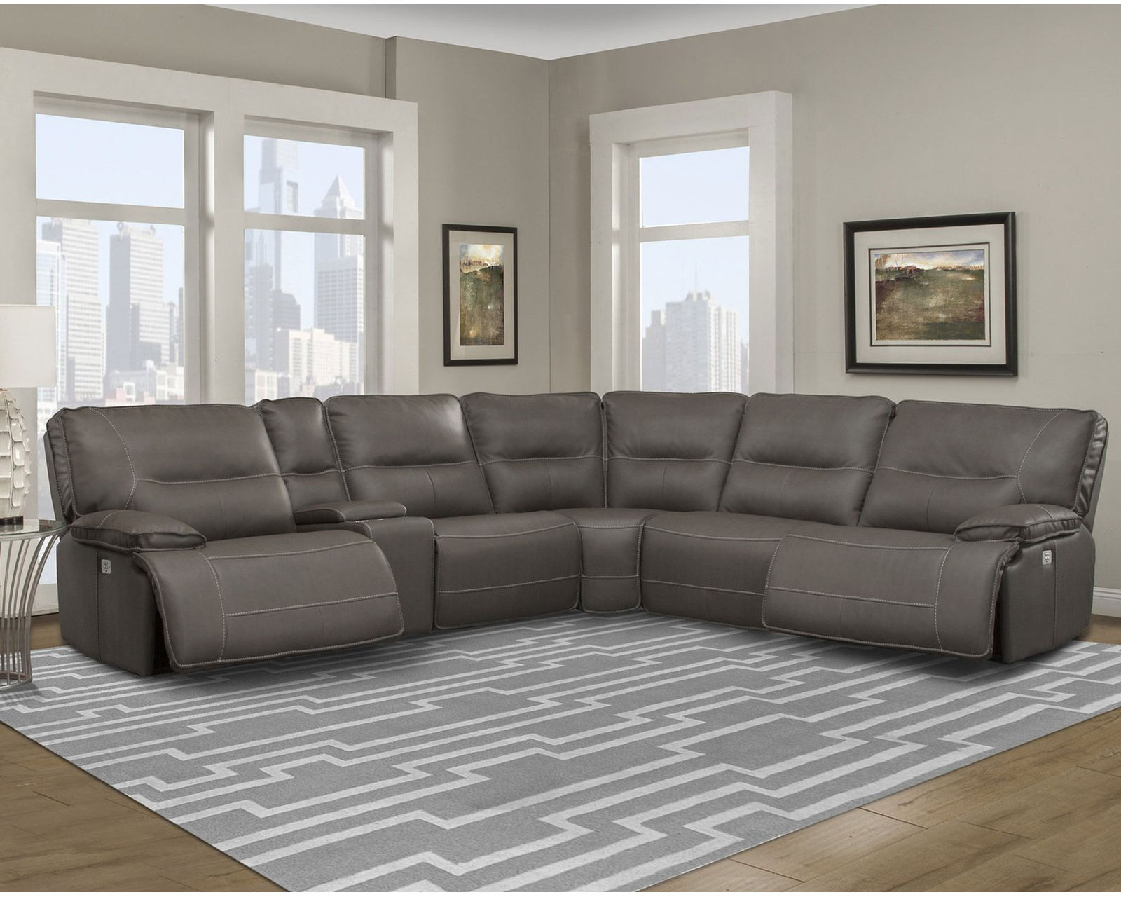 Spartacus Power Headrest Power Reclining Sectional Haze (Leather like fabric) In stock - Fast shipping - Layout B: Six Piece Reclining Sectional 133" x 120"