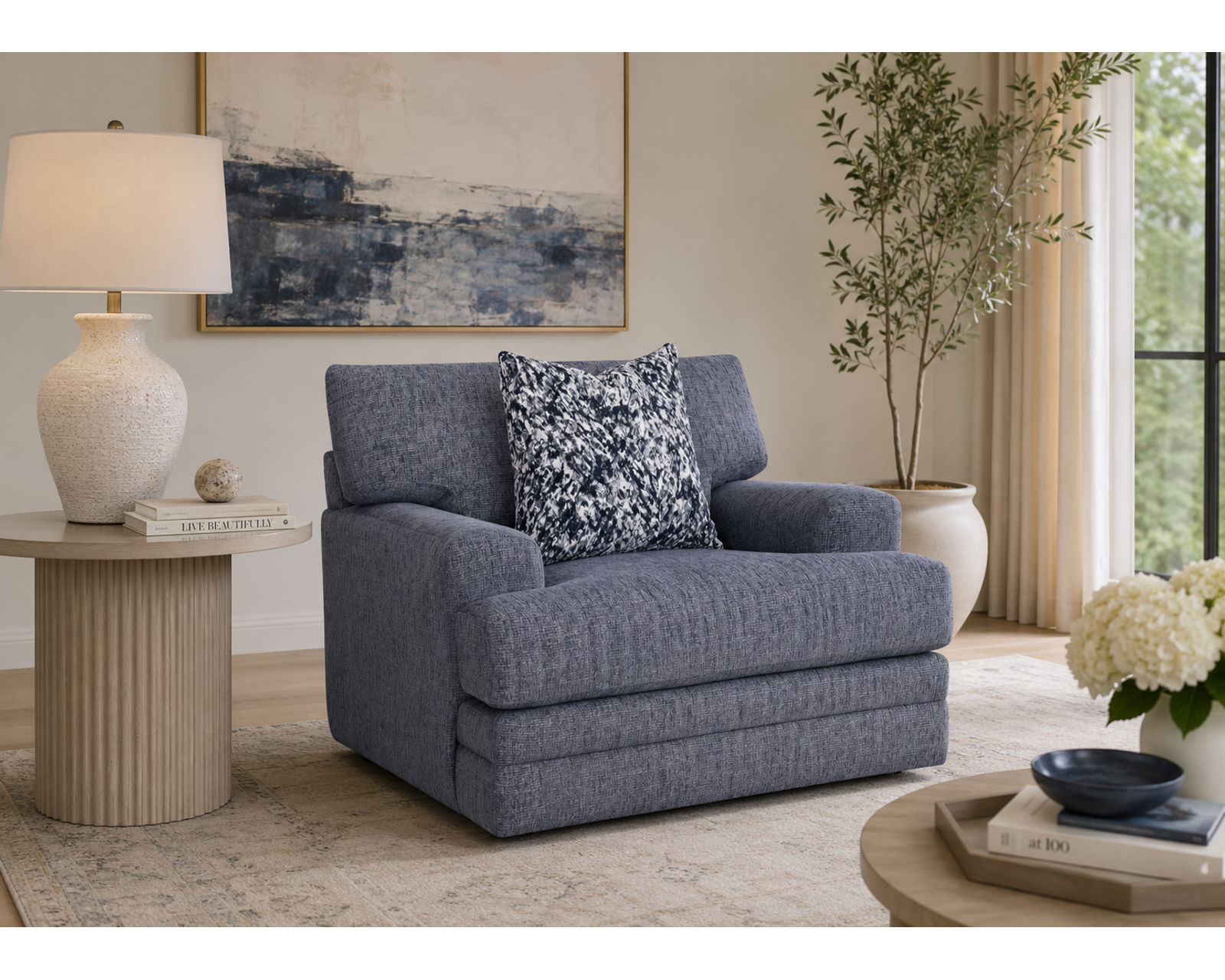 Sapphire 99" Sofa with Reversible Chaise (Relax Your Way. Reversible Chaise Comfort with a Fresh Designer Look) - Shown in a Durable Long Wearing Polyester Fabric Mineral