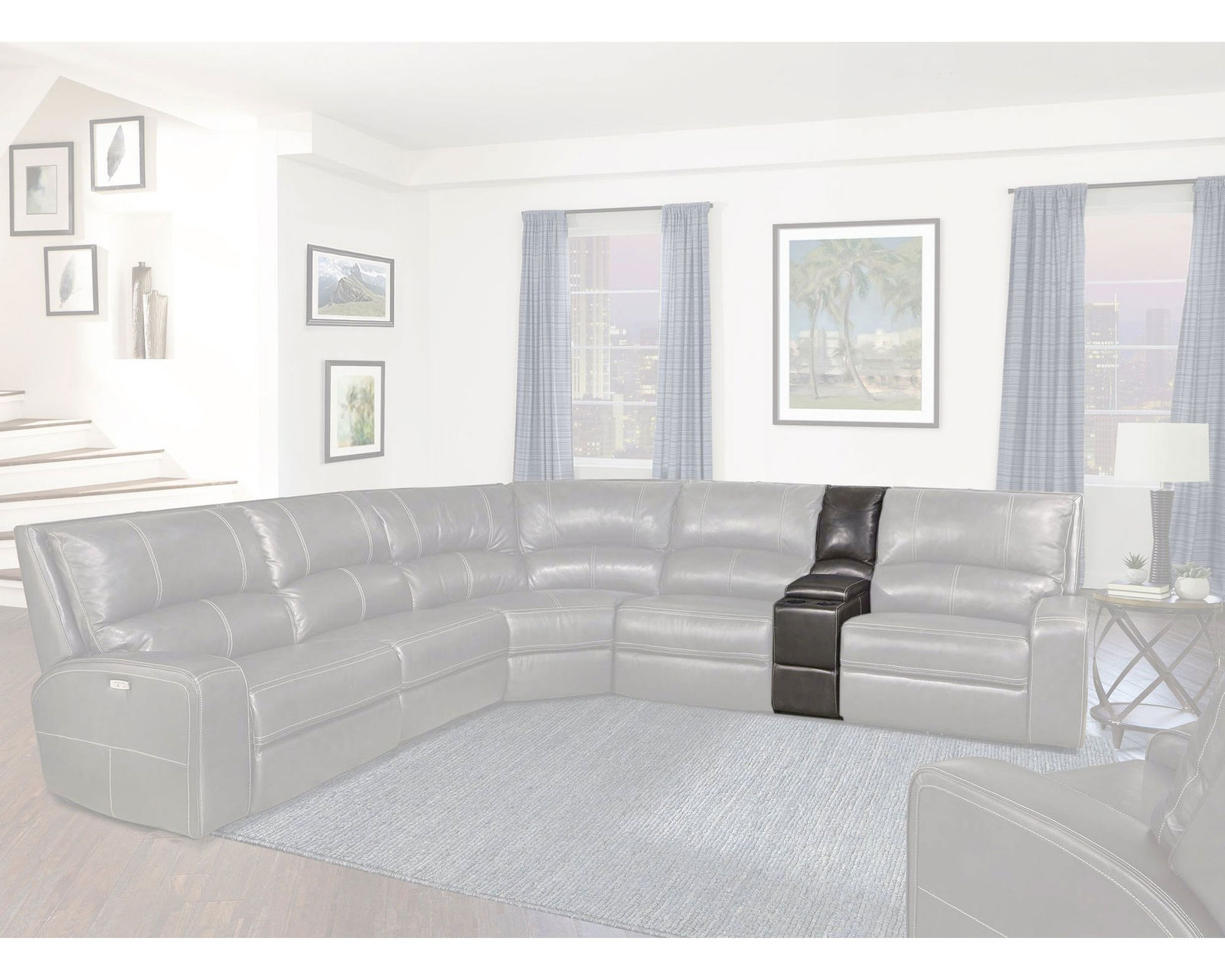 Swift Power Headrest Power Reclining Sectional Twilight Leather  (In stock - Fast shipping) - Entertainment Console