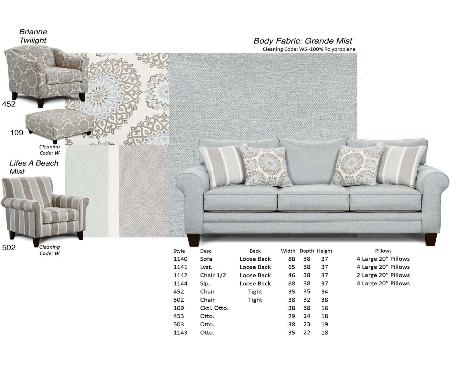 Grande Mist 88" Sofa - 1140 (includes pillows) Performance fabric (In stock)