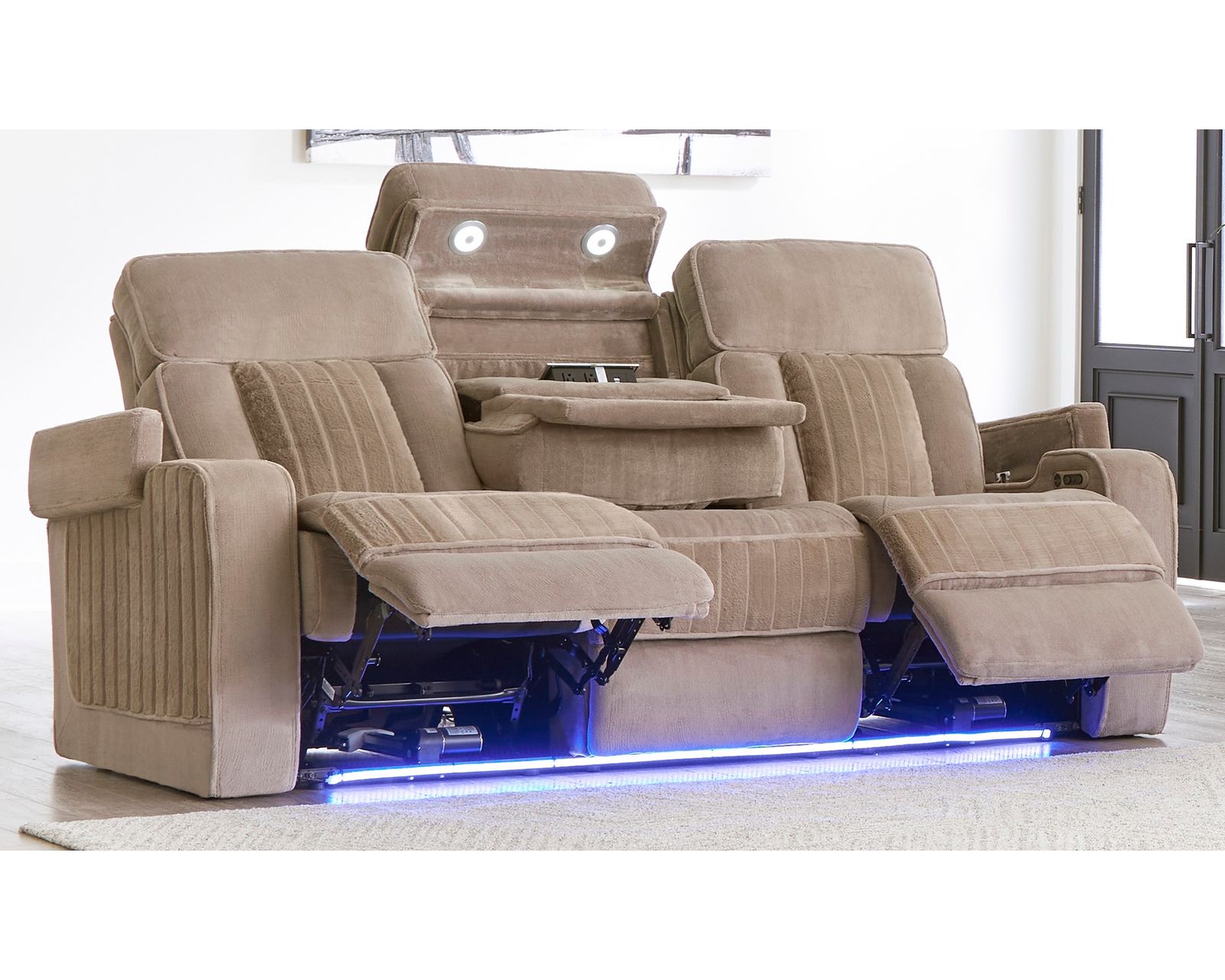 Equinox 85" Power Headrest Power Reclining Sofa w/ Drop Down Table Mushroom (In stock - Fast Shipping - Center drop down table with power, USB charging and lights