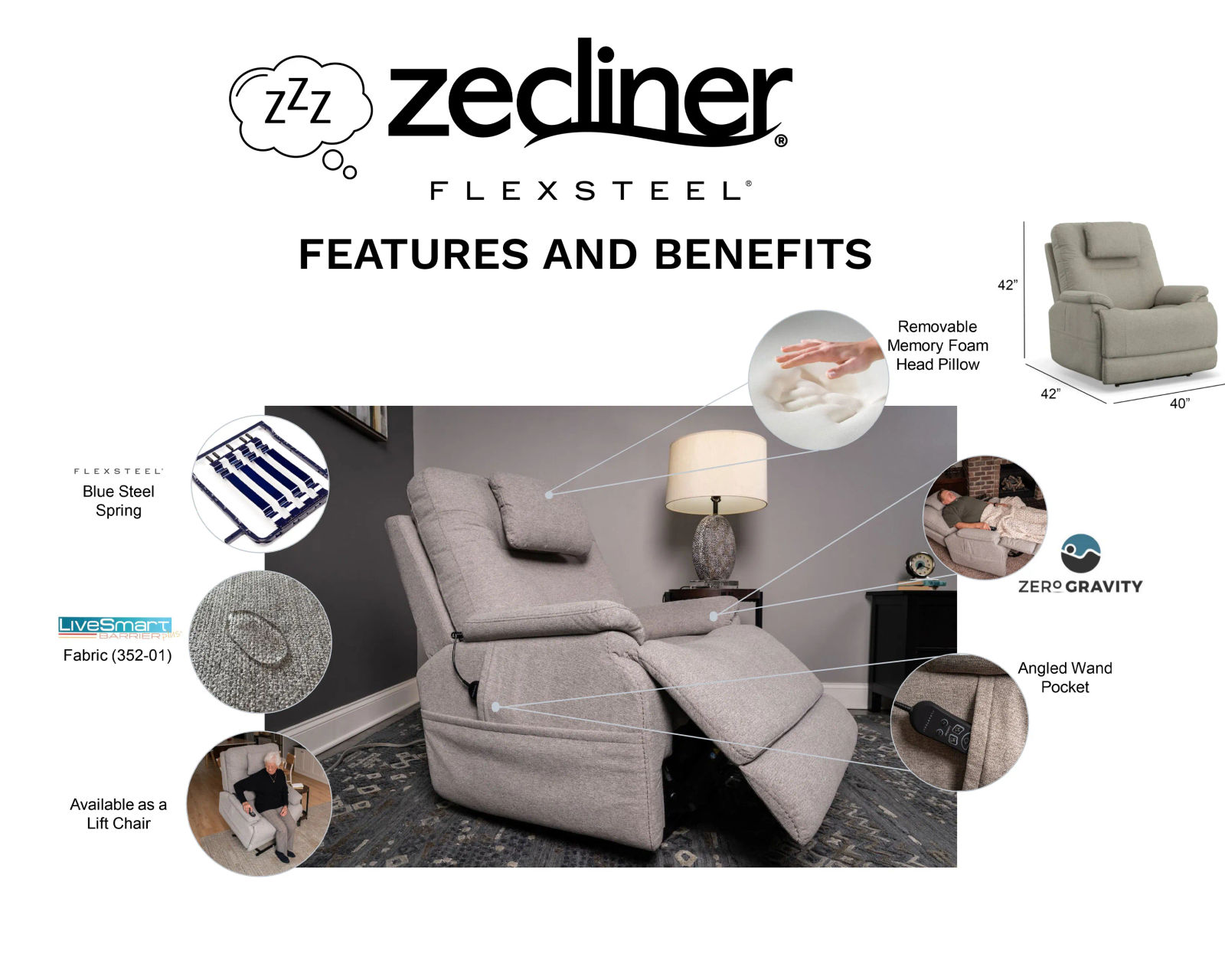 Zofa Zecliner LIFT Power Sleep Modular Sectional with Power Headrest, Lumbar, Heat, & Massage
