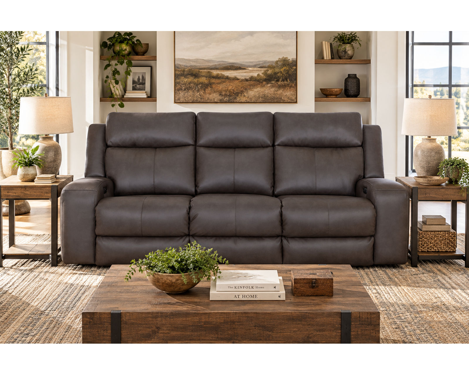 Winston 92" Reclining Sofa with Drop-Down Table & Cupholders (Sophisticated Style. Serious Comfort. Neori Air Massage Option) - Shown in Durable Leather Like Fabric Color Smoke