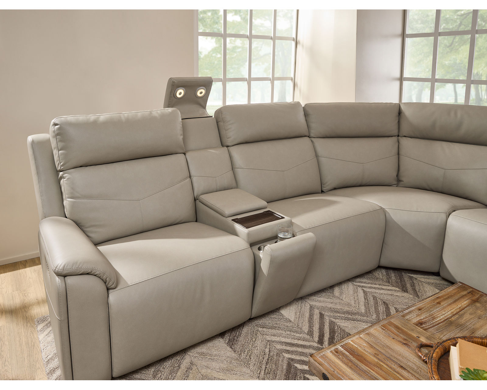 Vernon 1592 Triple Power Reclining Sectional with Heat and Massage (2 colors) 386-01 - In stock - Drop-down back cushion contains a storage compartment with USB-A and USB-C charging ports, wireless charging tray, two cupholders and touch-lighting