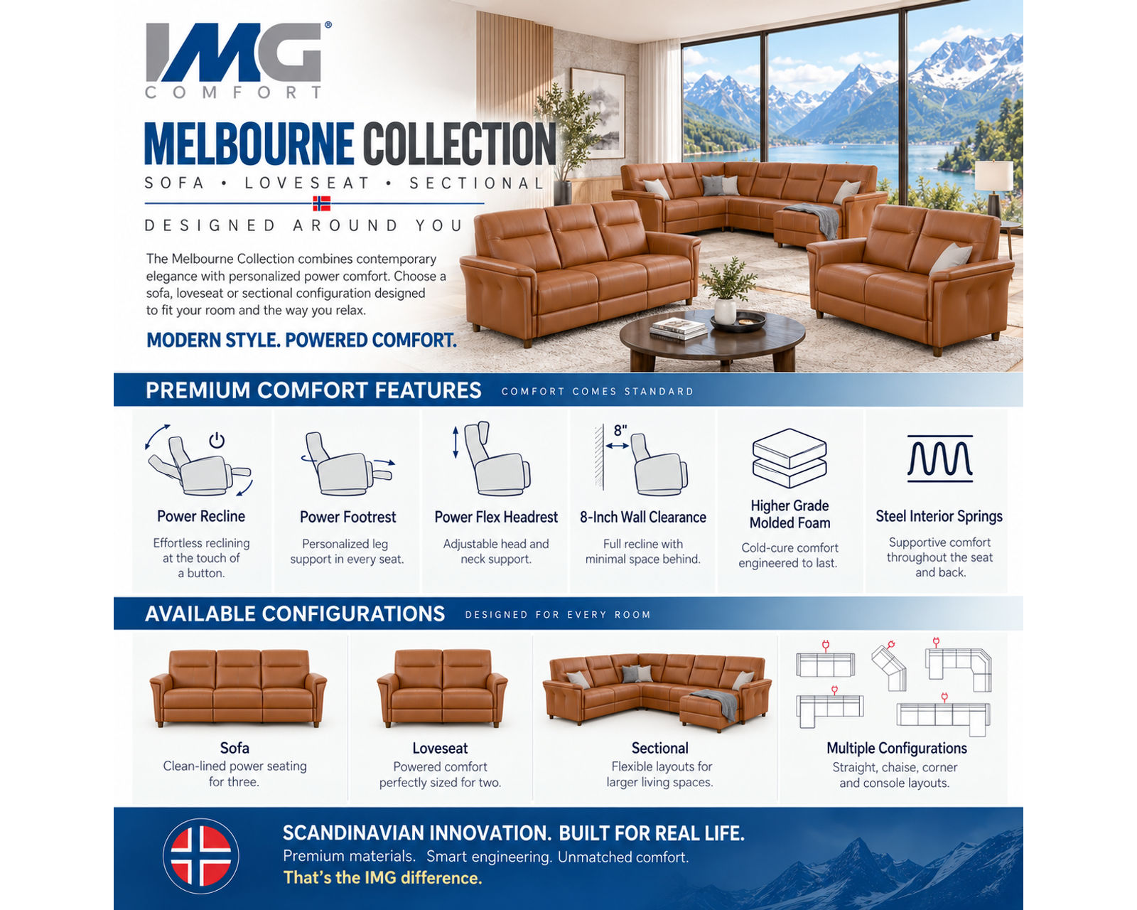 Melbourne 105" Power Reclining Sofa Ocean (Modern Scandinavian Style. Power Comfort Made for Living) IN STOCK - Experience Premium Comfort Without Paying a Premium.