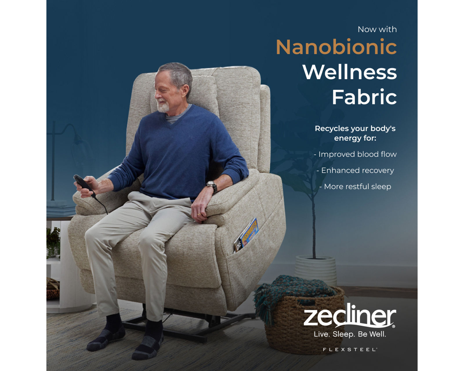 Zecliner 1092 Triple Power Lift Sleep Recliner with Heat and Massage (6' 0" and taller) in stock - Nanobionic wellness fabric
