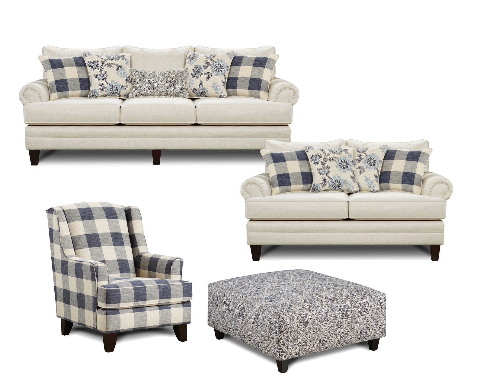 Catalina 96" Linen 4 Piece Living Room (Includes sofa, 2 chairs and cocktail ottoman) - Layout B:  Four Piece Living Room