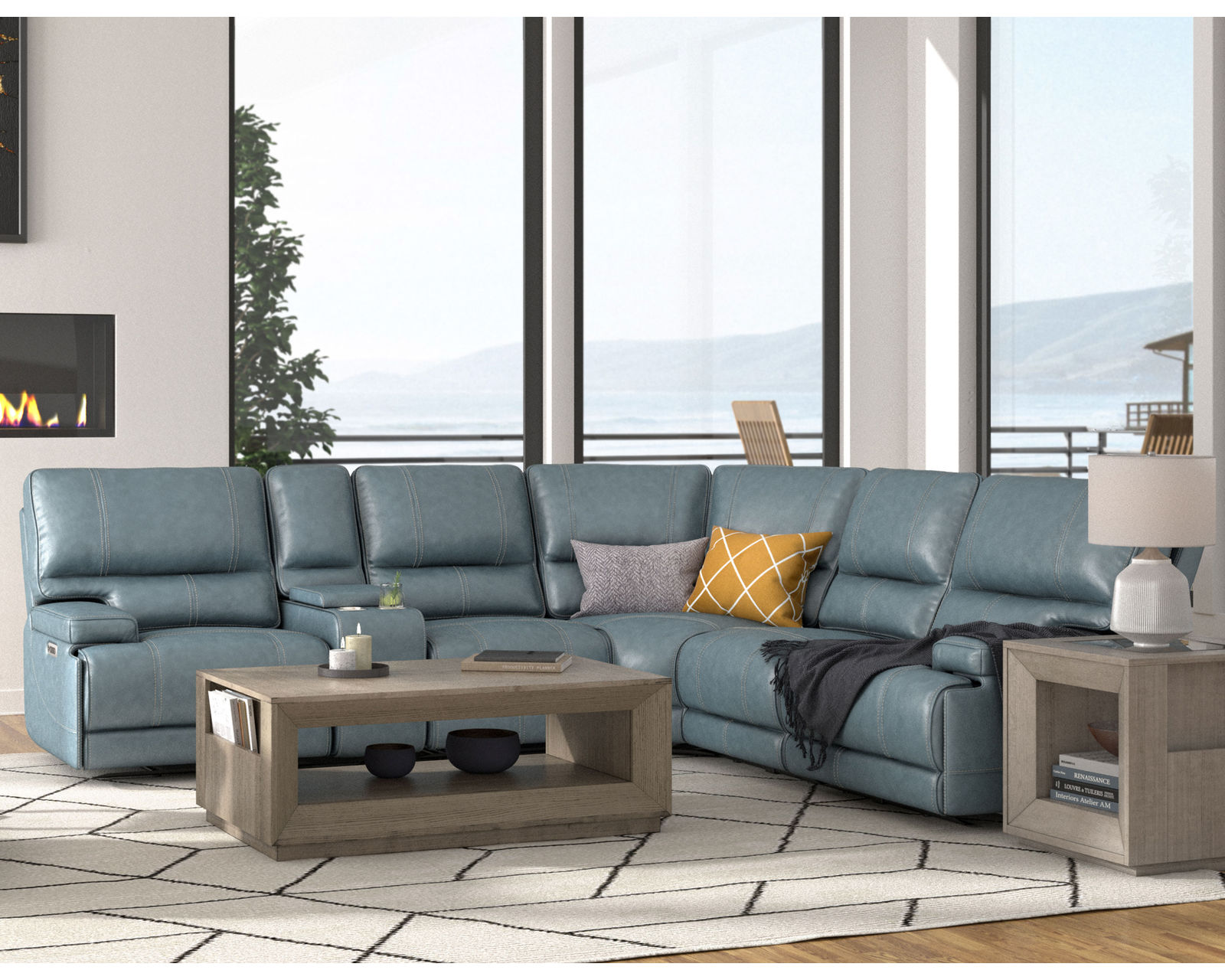 Whitman FreeMotion Cordless Power Reclining Sectional (Battery Operated) Azure (In stock - Fast shipping) - Layout B: Six Piece Cordless Reclining Sectional 127" x 114.5" 