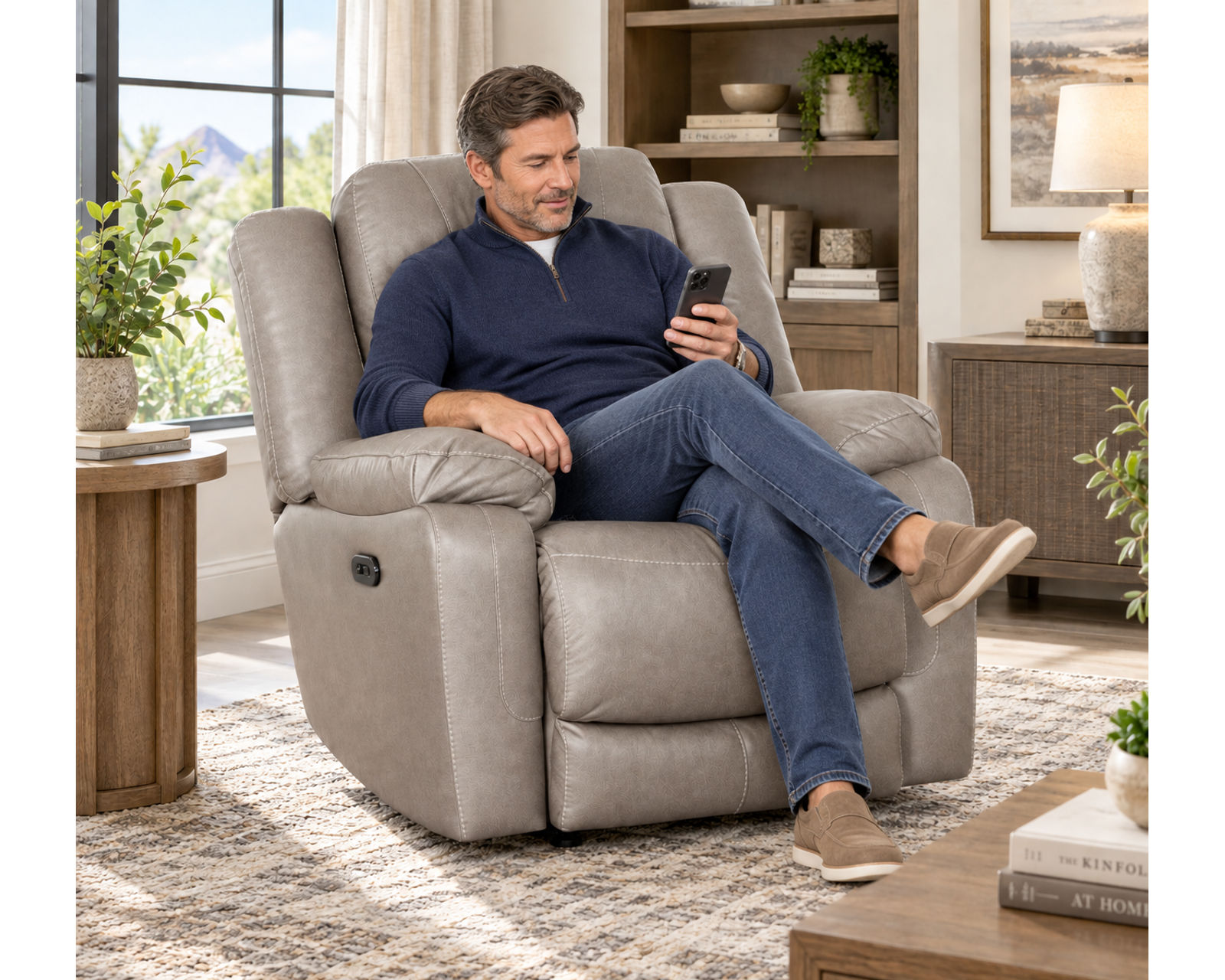 Culver 90" Reclining Sofa with Drop-Down Table & Cupholders Sterling (Leather-Look Style. Plush Comfort. Designed Around the Way You Relax) - Shown in Durable Leather Like Fabric Color Sterling