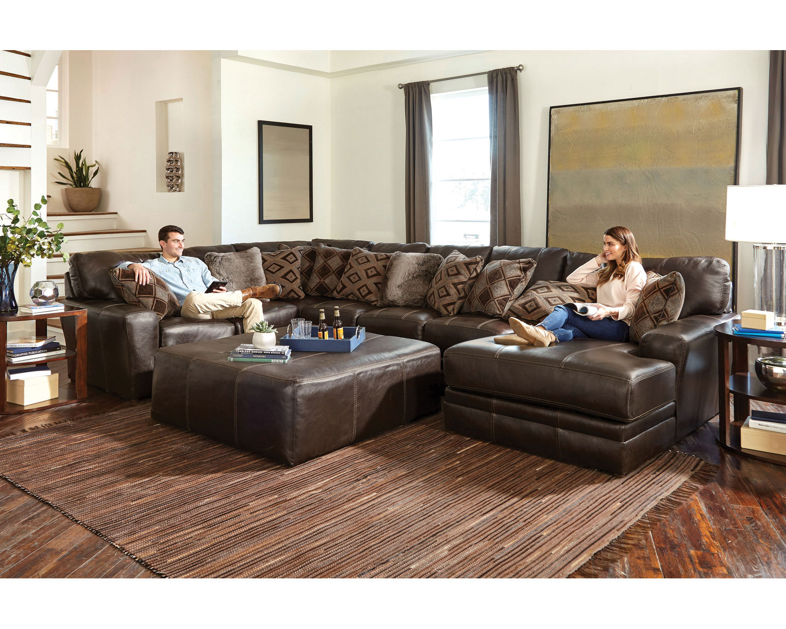 Denali Top Grain Leather Sectional (Includes Pillows) Choice of Colors - Layout F: Three Piece Sectional (Ottoman Not Included) 101" x 163" x 67"