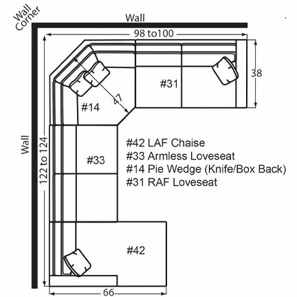 Layout K: Four Piece Sectional 66" x 122" x 98" (Size varies due to arm selection)