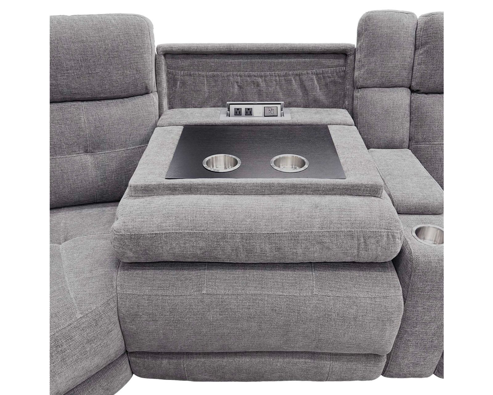 Richland Power Headrest Power Reclining Sectional (In stock - Fast shipping) - Bristol Grey Armless Chair with Drop Down Table and Power Centre