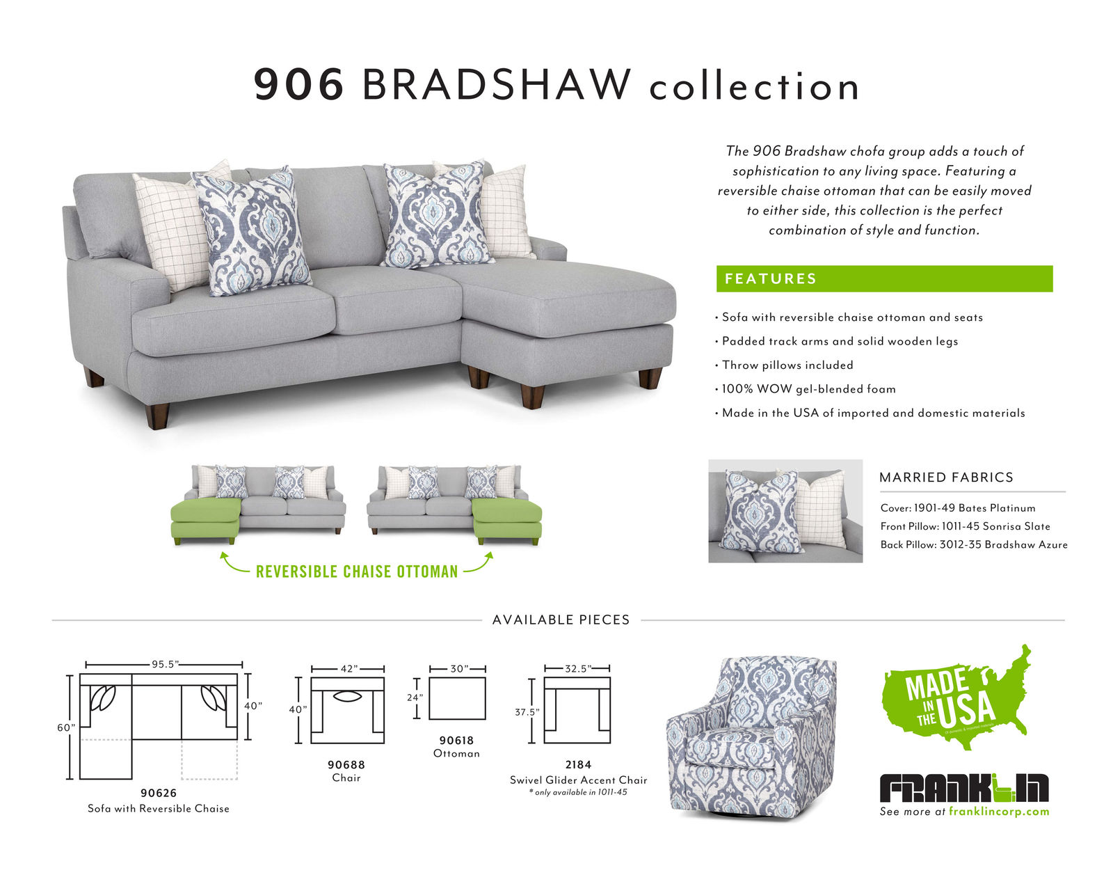 Bradshaw 95" Sofa with Reversible Chaise Ottoman (Includes pillows) - Chaise can be featured on the left or right side
