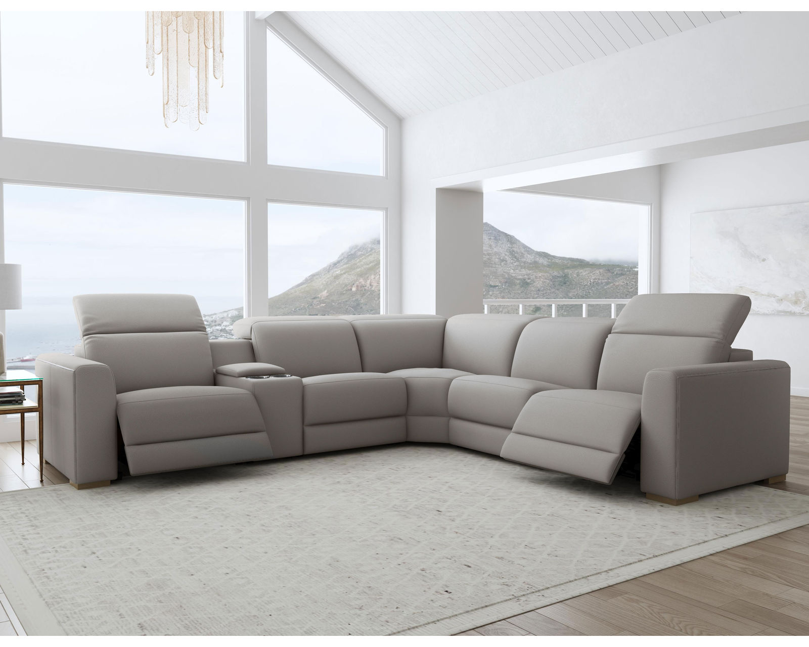 Aurora Leather Power Headrest Power Reclining Sectional (+2 colors) 749-01 - In stock - Layout B: Six Piece Reclining Sectional 134" x 121"