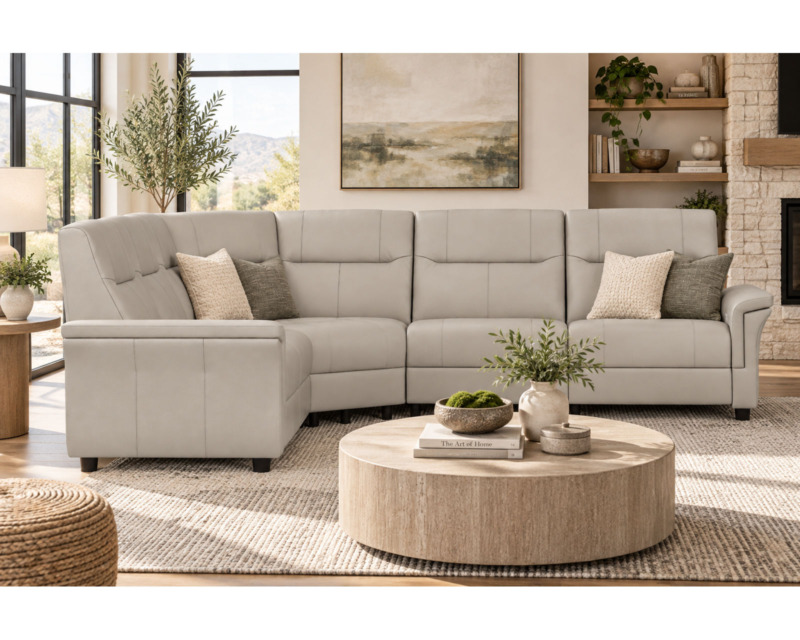 Melbourne Power Headrest Power Reclining Sectional (In Stock) Modern Scandinavian Style. Power Comfort Made for Living - Shown in Top Grain Leather Color Trend Arctic Grey