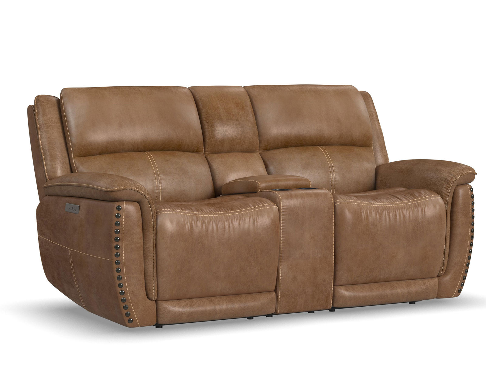 Beau 1011 Power Headrest Power Reclining Console Loveseat (Caramel faux leather fabric) in stock - 	Beau Power Reclining Loveseat with Console & Power Headrests