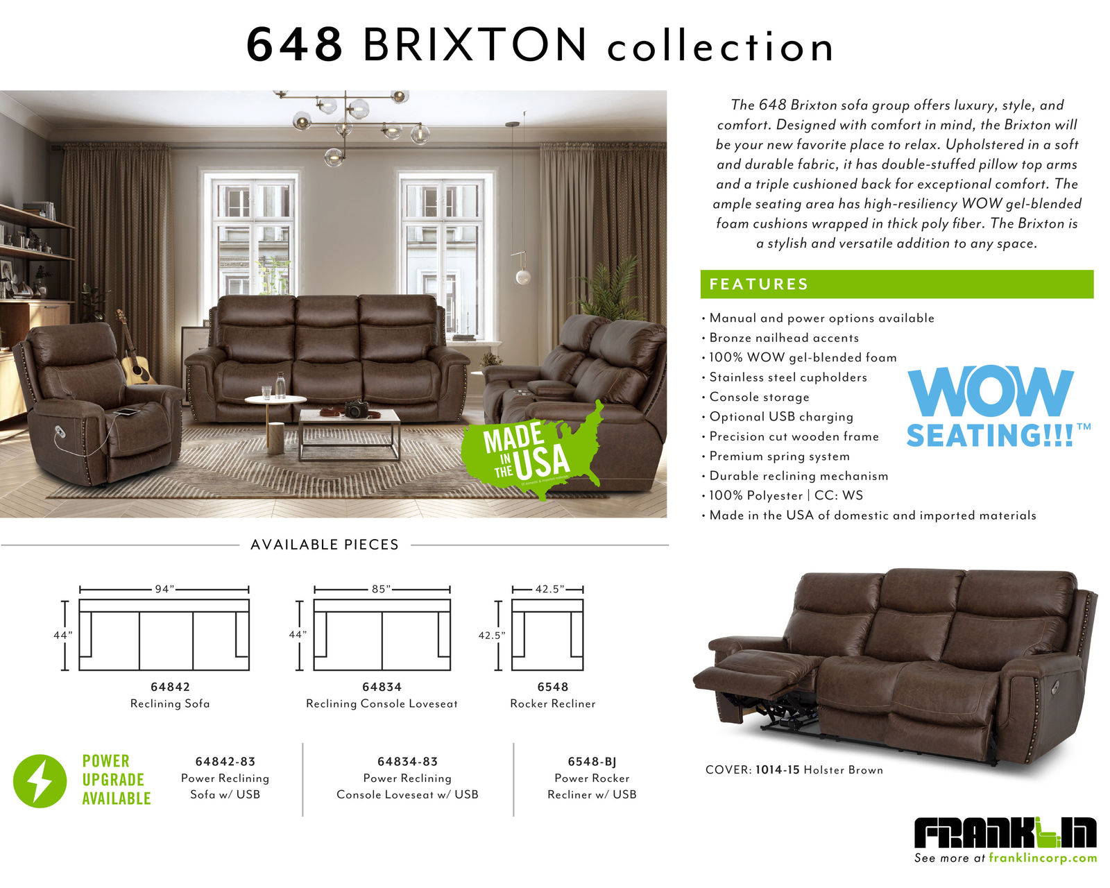 Brixton 648 Reclining Sofa (94") Brown Faux Leather Like Fabric