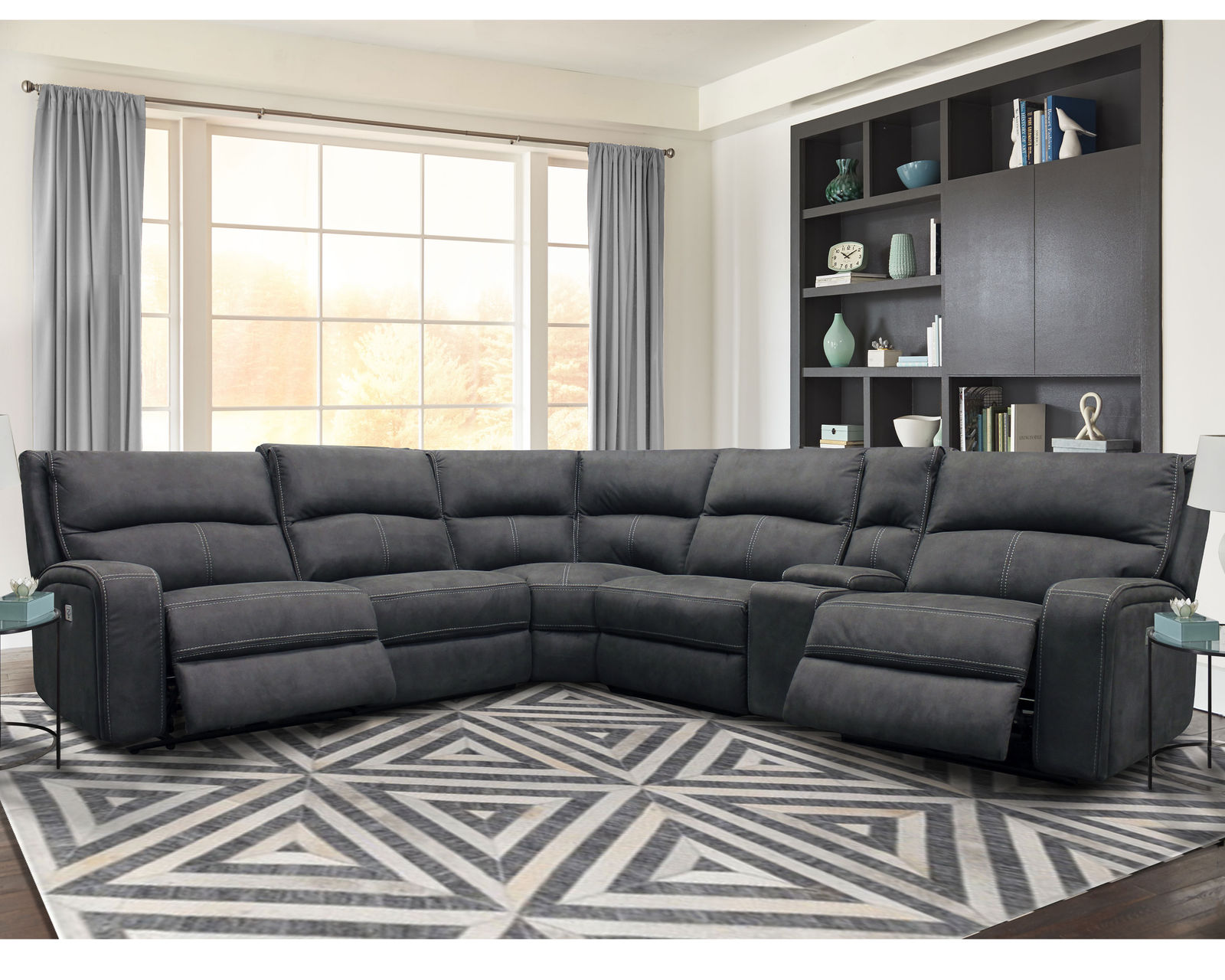 Polaris Power Headrest Power Reclining Sectional Slate (In stock - Fast shipping) - Layout C: Six Piece Reclining Sectional 118" x 131"