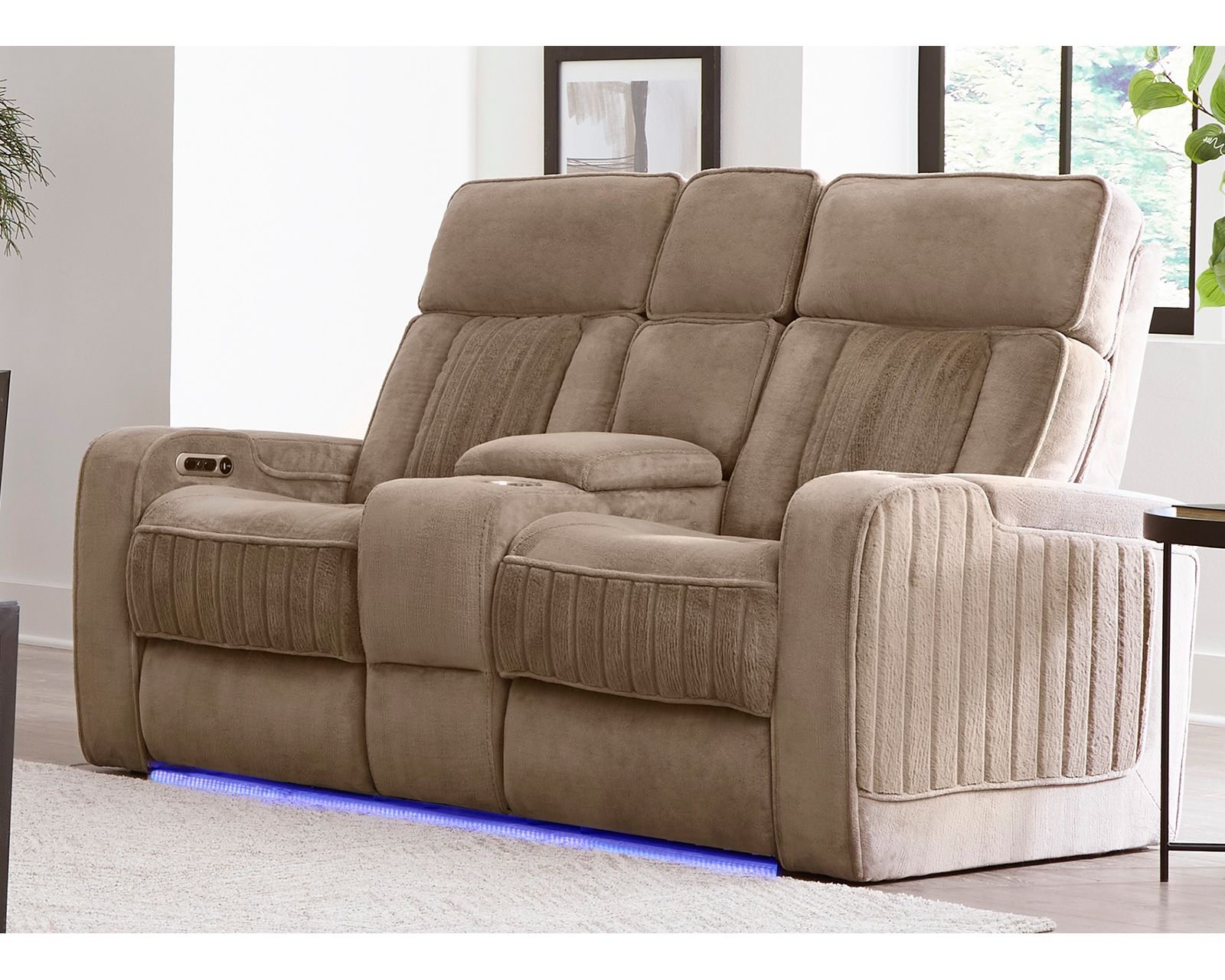 Equinox 85" Power Headrest Power Reclining Sofa w/ Drop Down Table Mushroom (In stock - Fast Shipping - Equinox Power Headrest Power Reclining Console Loveseat