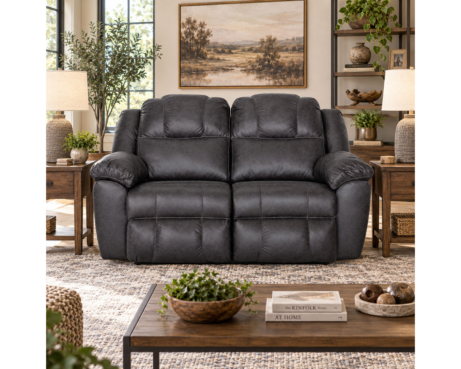 Castello 92" Reclining Sofa (A Best-Selling Favorite. Plush Comfort with a Distinctive Crowned Design) - Shown in Durable Leather Like Fabric Color Shadow