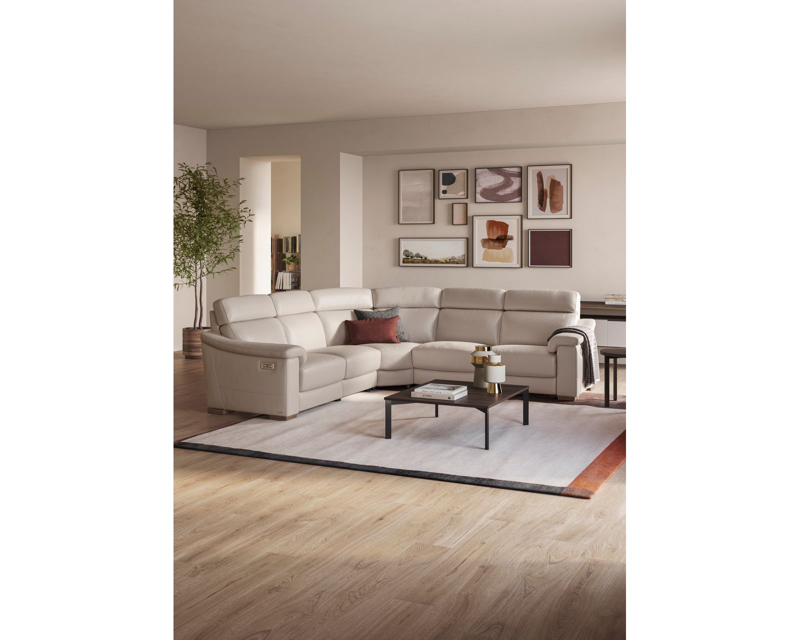 Giulivo C115 Power Headrest Power Reclining Sectional (+50 leathers) - Layout D: Six Piece Reclining Sectional (3 recliners) 147" x 117"