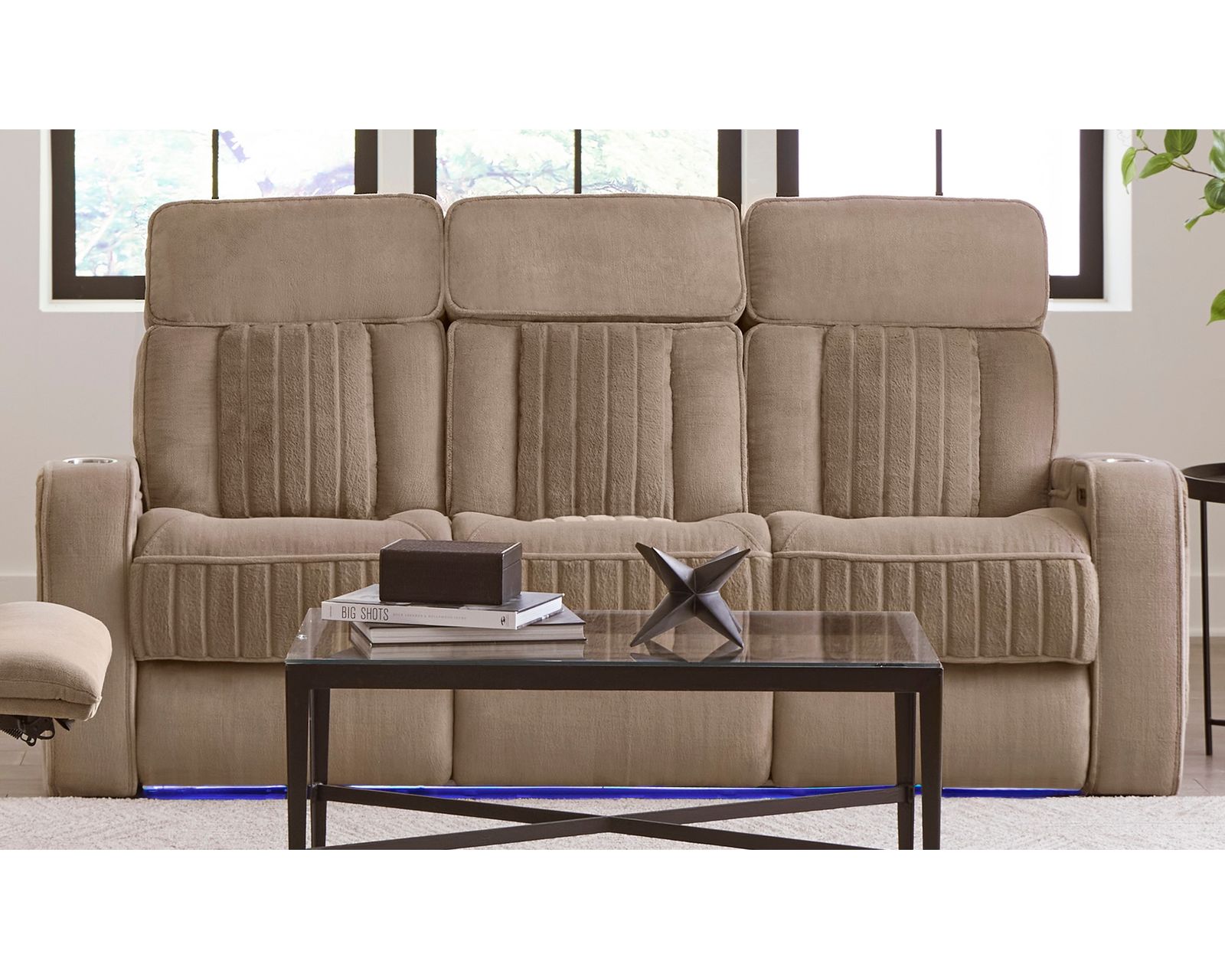 Equinox 85" Power Headrest Power Reclining Sofa w/ Drop Down Table Mushroom (In stock - Fast Shipping - Equinox Power Headrest Power Reclining Sofa w/ Center Drop Down Table