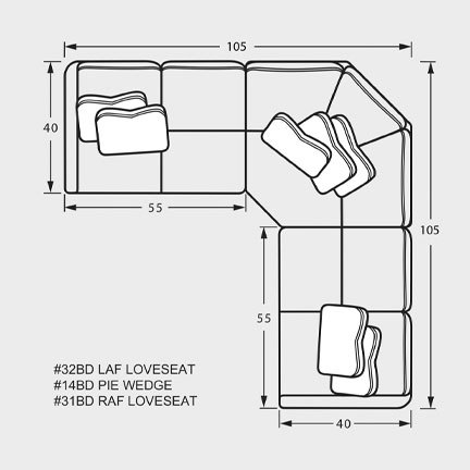 Layout J: Three Piece Sectional 105" x 105"