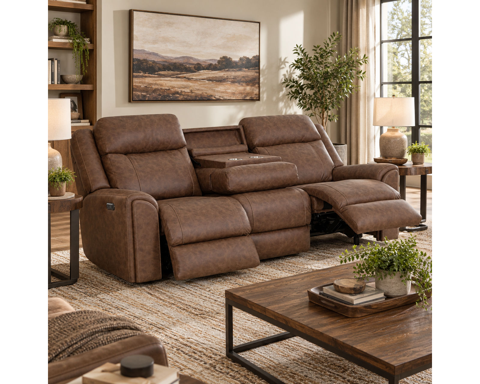 Parker 91" Reclining Sofa with Drop-Down Table & Cupholders Brown (Refined Style. Personalized Comfort. Available Neori™ Air Massage) - Shown In Durable Leather Like Fabric Vintage Brown