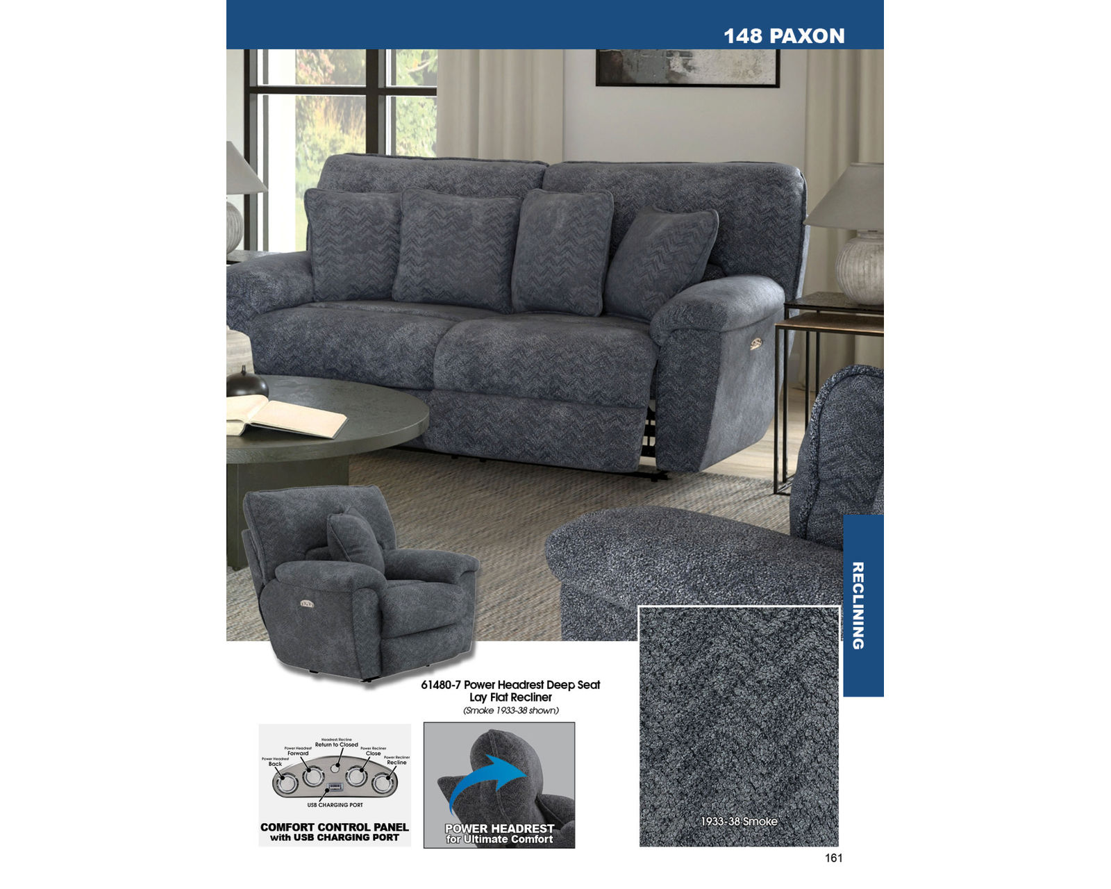 Paxon Deep Seat Power Headrest Power Lay-Flat Big Man's Recliner (RATED 400 LBS.)  - Paxon 90" Power Headrest Power Reclining Sofa