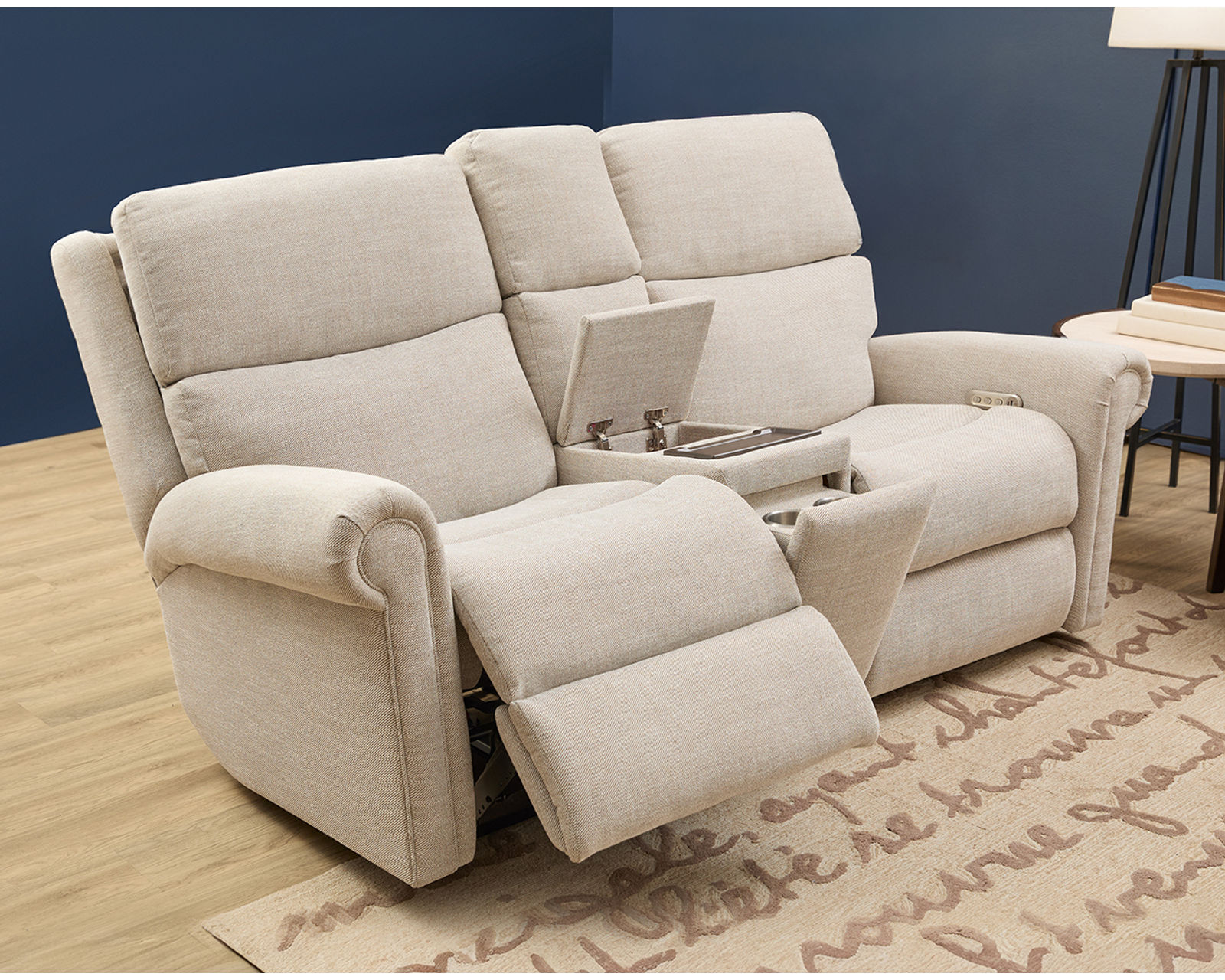 Bernard Triple Power Zero Gravity Reclining Sofa with Dropdown Table (+100 fabrics) - Center console features cupholders, wireless charging and storage