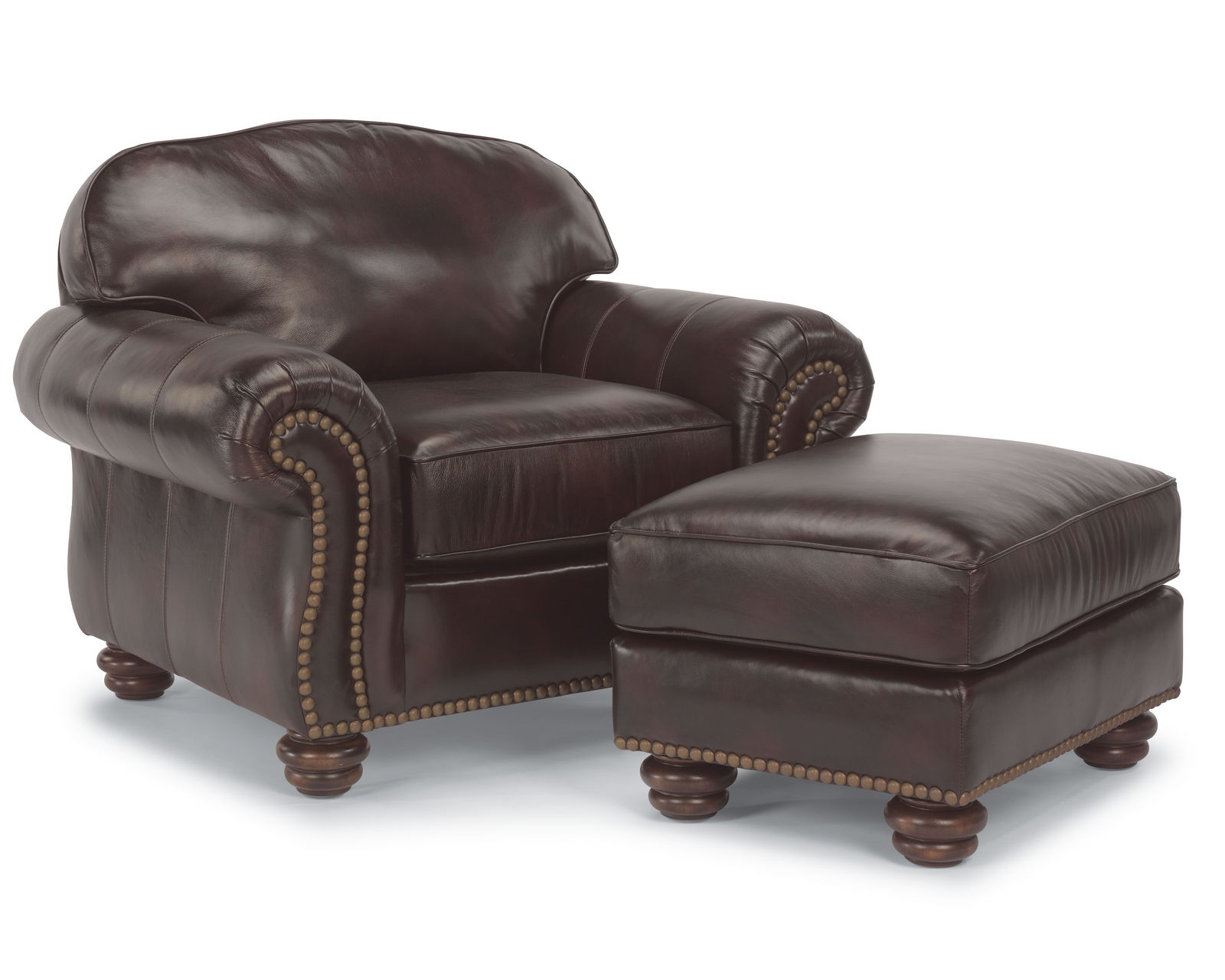Bexley 3646 Leather Nailhead Sofa (+50 leathers) 91" - Bexley Nailhead Leather Chair and Ottoman
