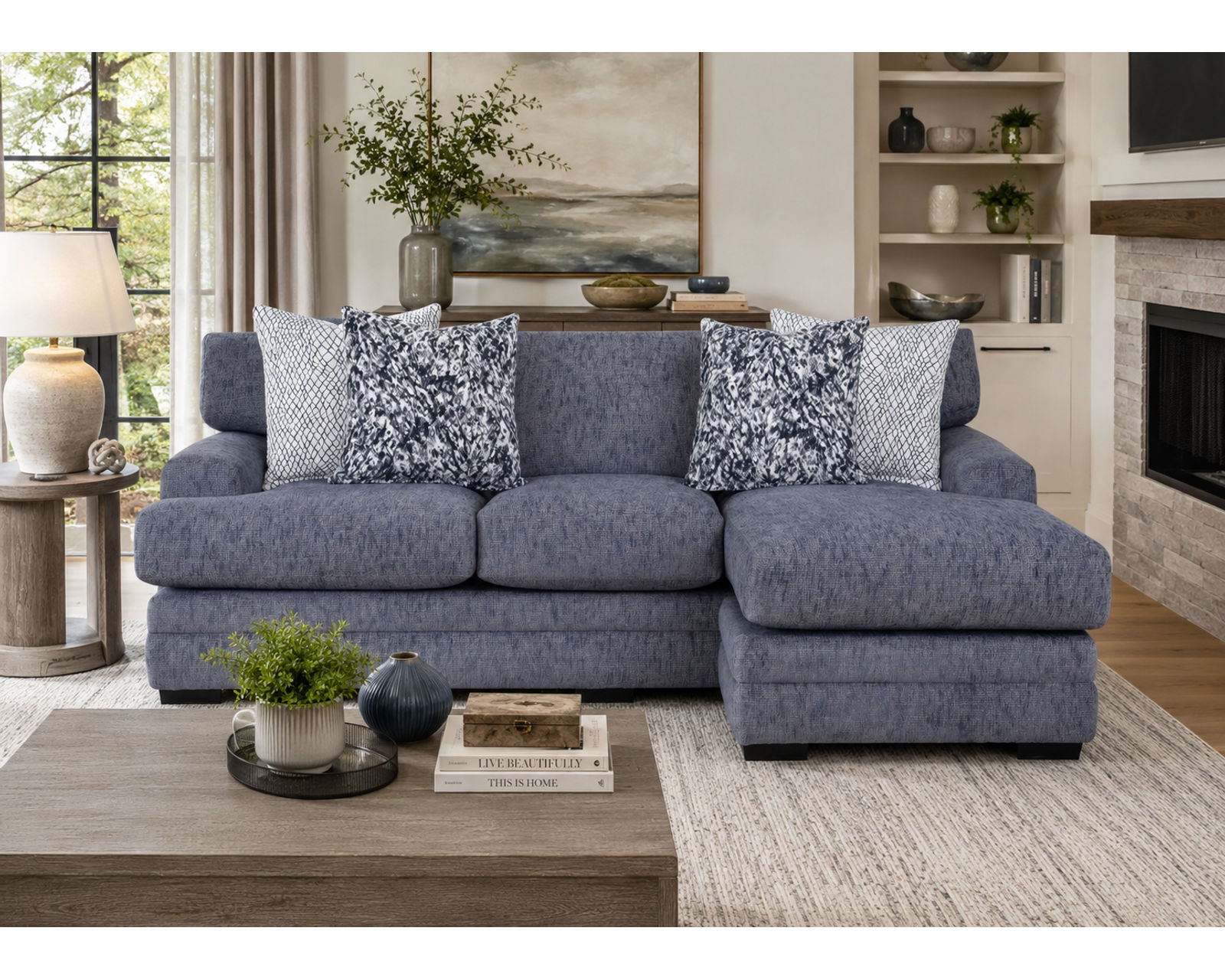 Sapphire 99" Sofa with Reversible Chaise (Relax Your Way. Reversible Chaise Comfort with a Fresh Designer Look) - Shown in a Durable Long Wearing Polyester Fabric Mineral