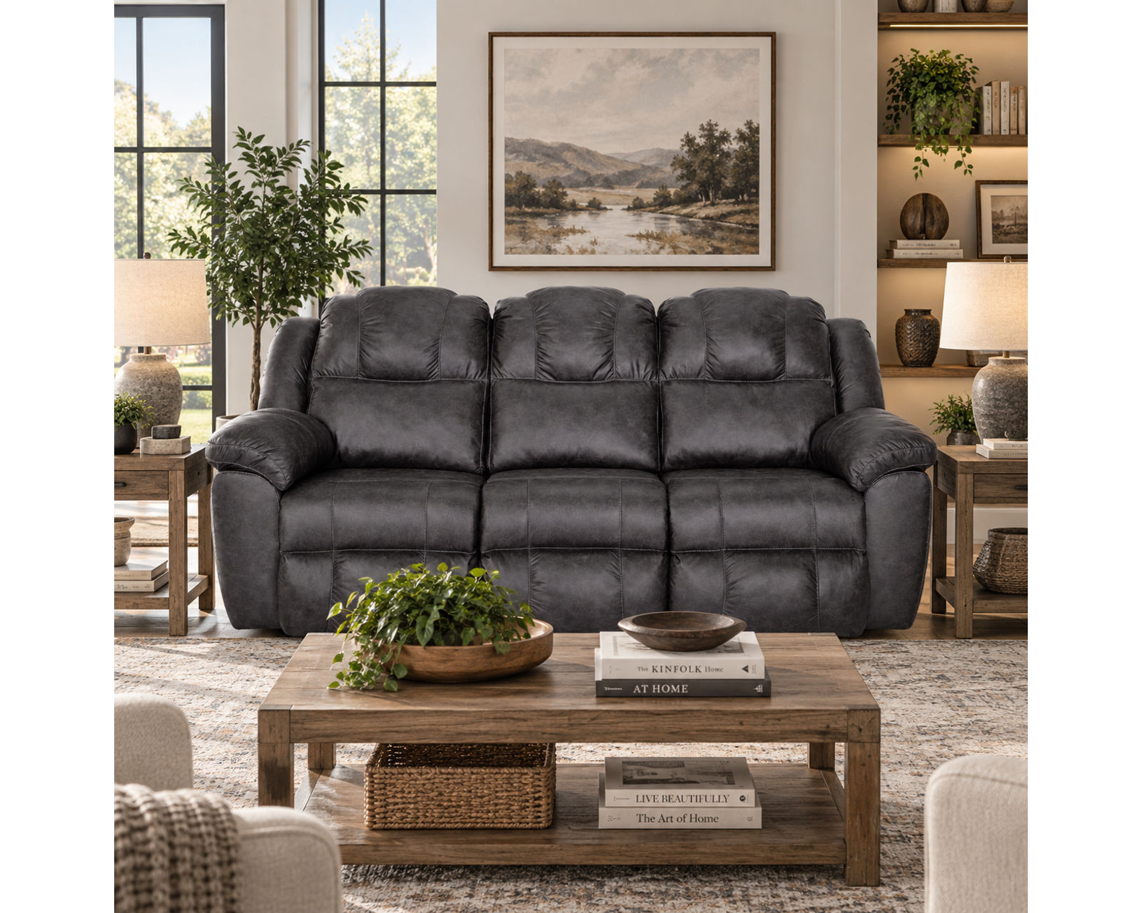 Castello 92" Reclining Sofa (A Best-Selling Favorite. Plush Comfort with a Distinctive Crowned Design) - Shown in Durable Leather Like Fabric Color Shadow