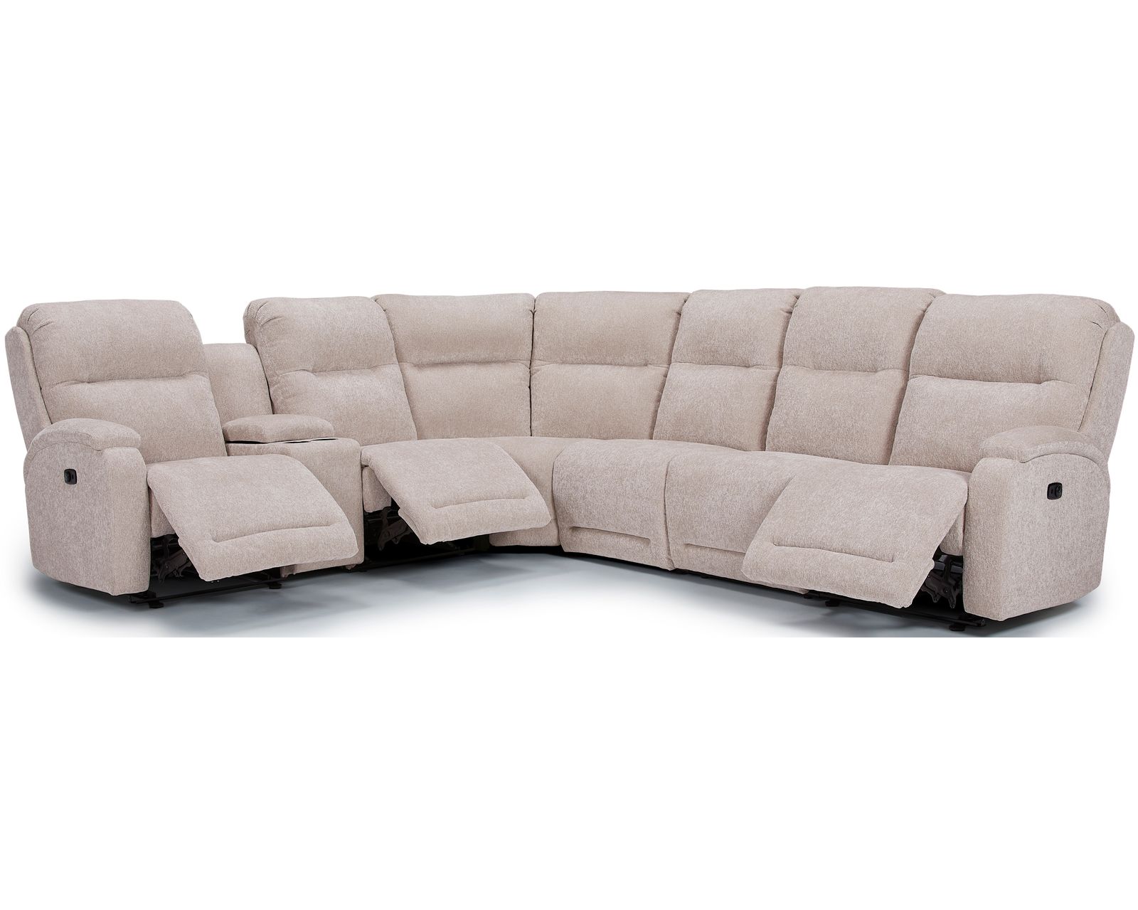 Maverly Reclining Sectional (+100 fabrics) - Layout F:  Seven Piece Reclining Sectional 114" x 125" or 125" x 114" (reversible) 3 recliners