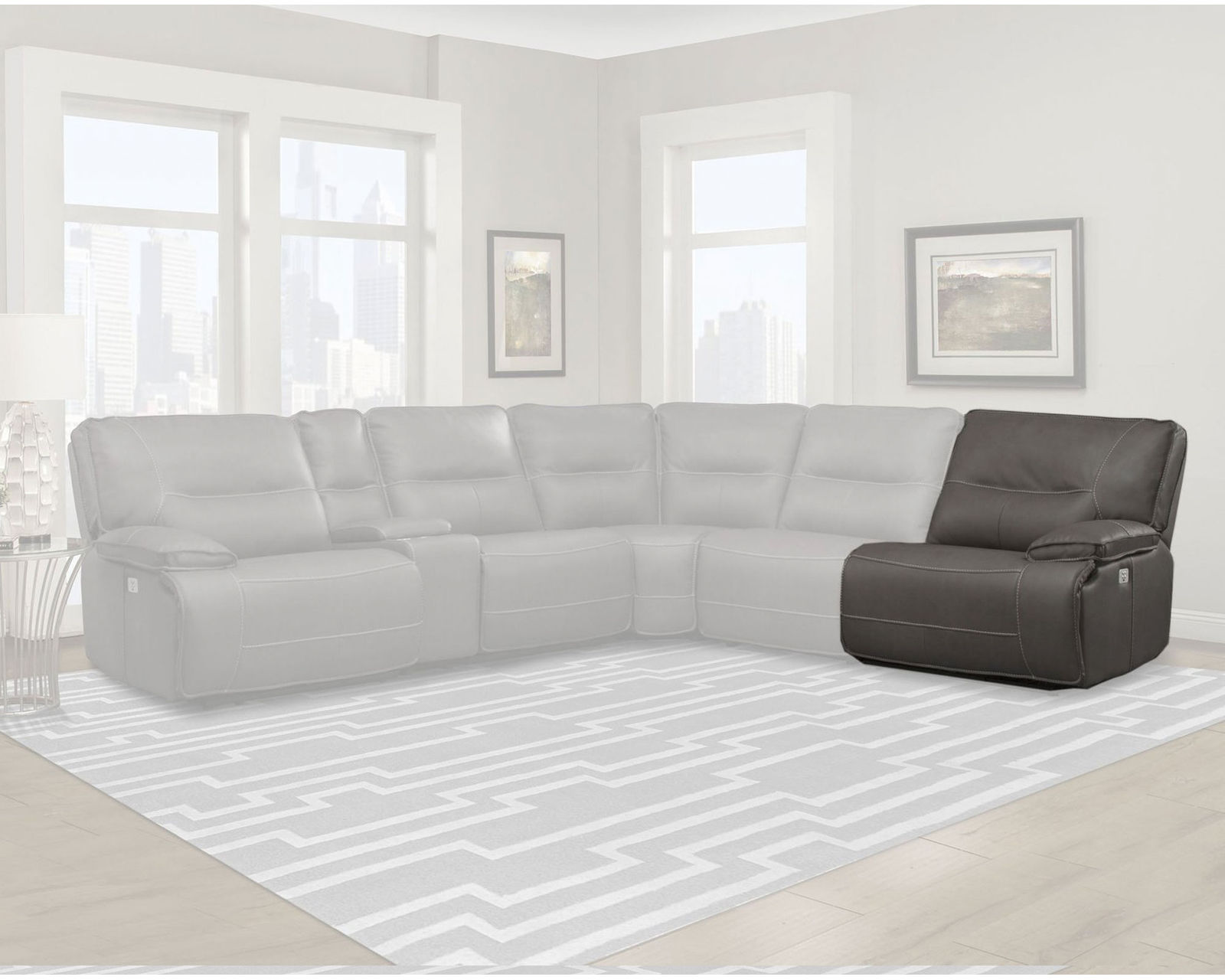 Spartacus Power Headrest Power Reclining Sectional Haze (Leather like fabric) In stock - Fast shipping - Right Facing Power Recliner with Power Headrest and Power Lumbar
