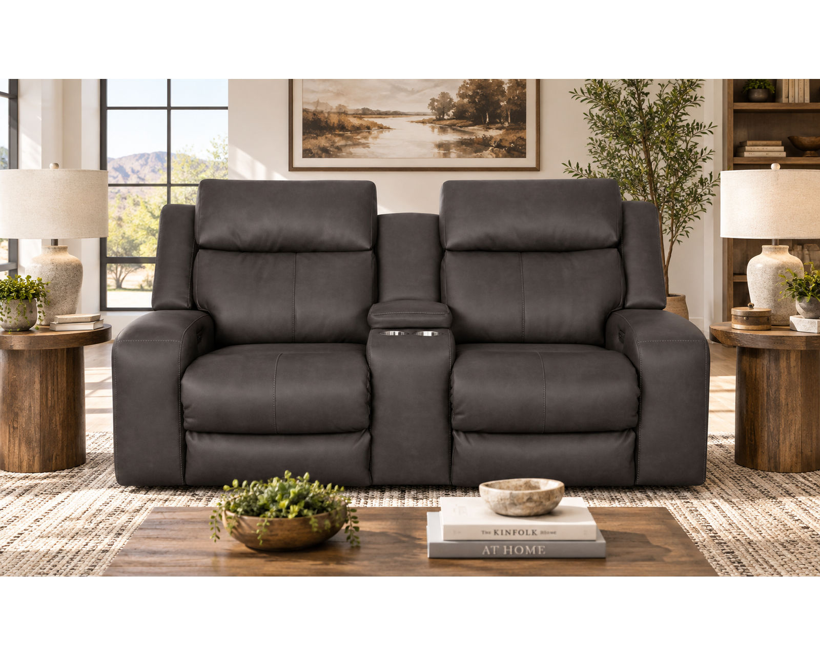 Winston 92" Reclining Sofa with Drop-Down Table & Cupholders (Sophisticated Style. Serious Comfort. Neori Air Massage Option) - Shown in Durable Leather Like Fabric Color Smoke