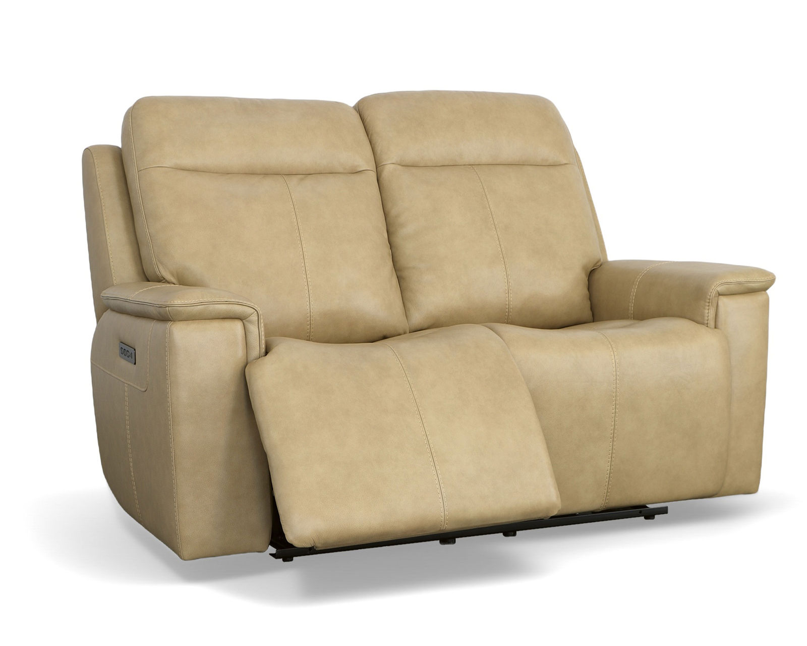 Odell Power Reclining Loveseat with Console, Power Headrests & Lumbar(Dark gray leather) in stock - Shown in beige leather color