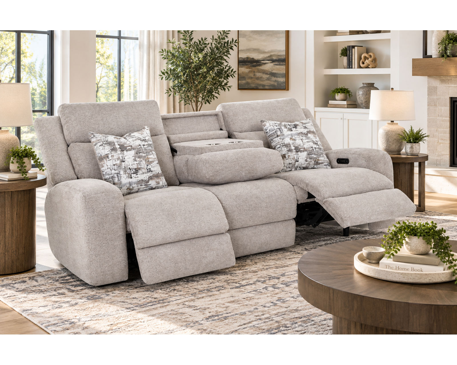 Logan 92" Reclining Sofa with Drop-Down Table & Cupholders (Modern Comfort. Smart Convenience. Available Neori™ Air Massage) - Shown in Durable Polyester Color Storm