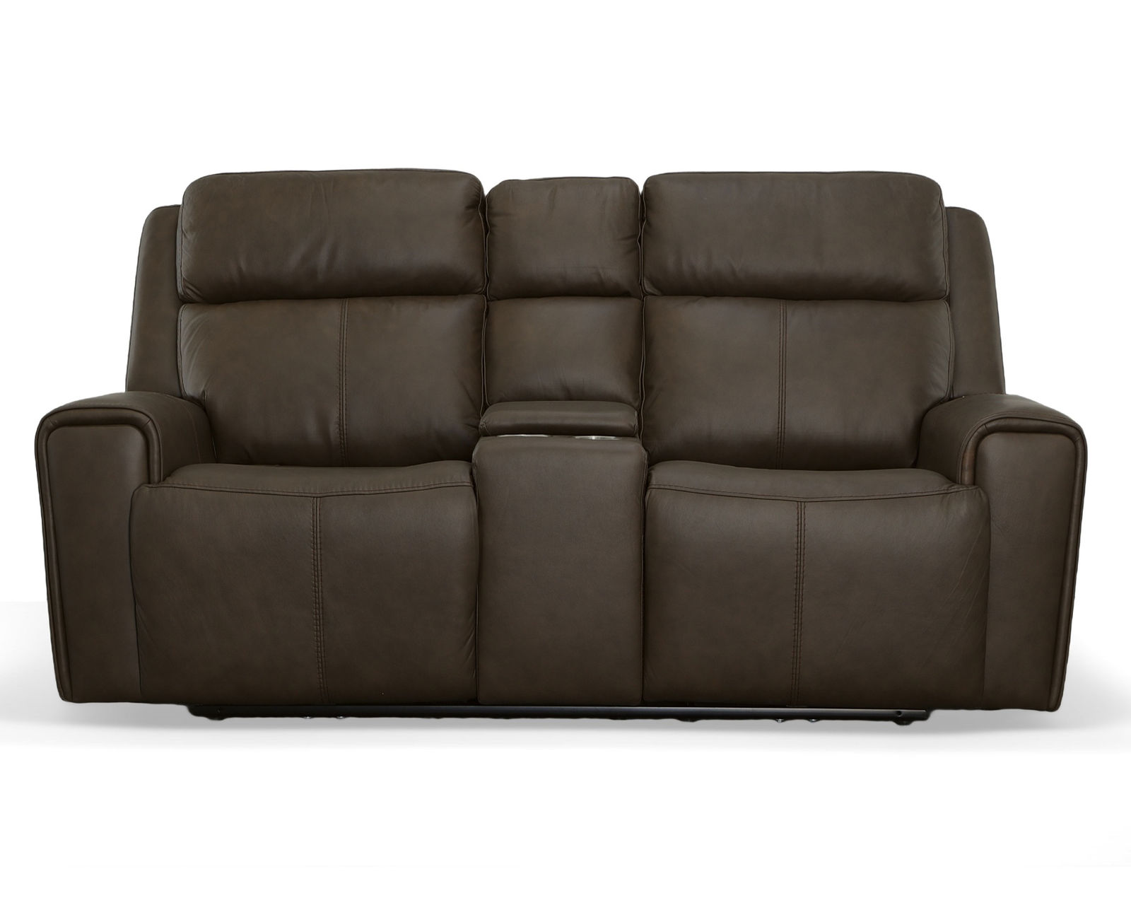 Barnett Power Reclining Loveseat with Console and Power Headrests and Lumbar (Dark Brown leather) in stock