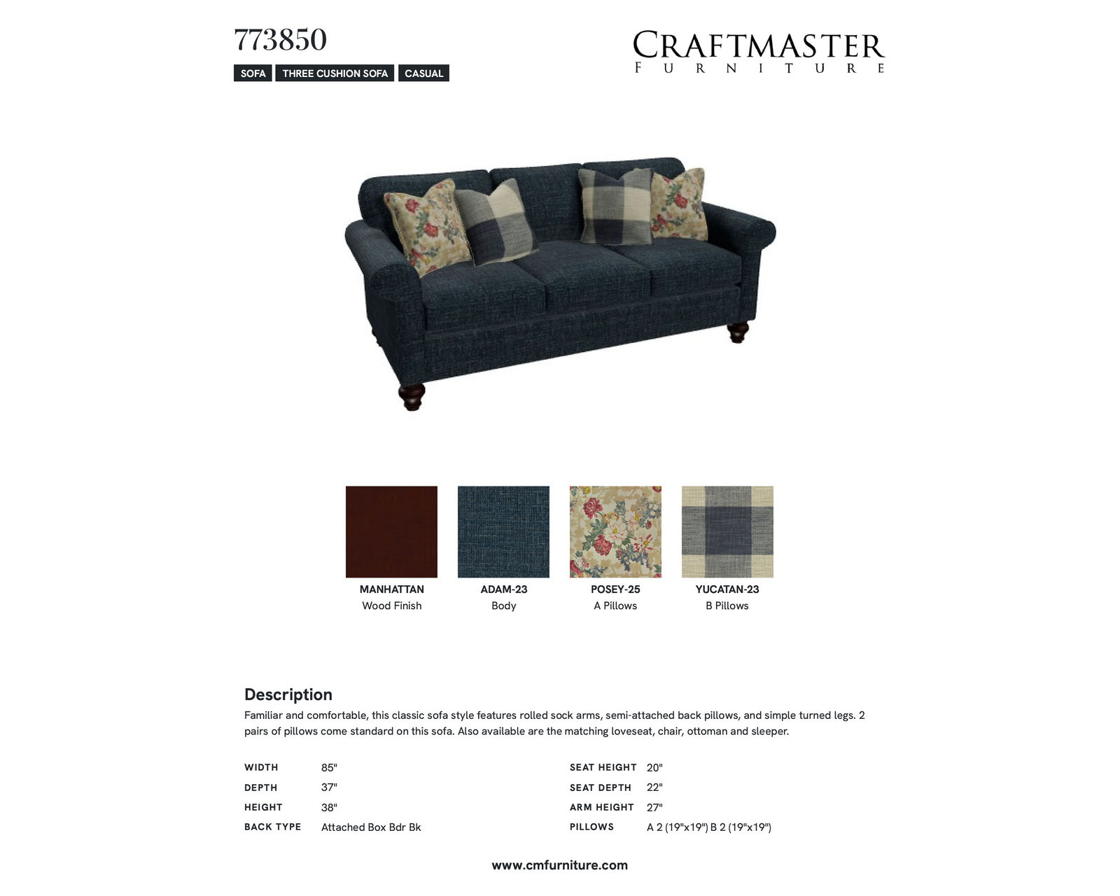 Delilah 7738 Sofa IN STOCK - (85")  - Specifications