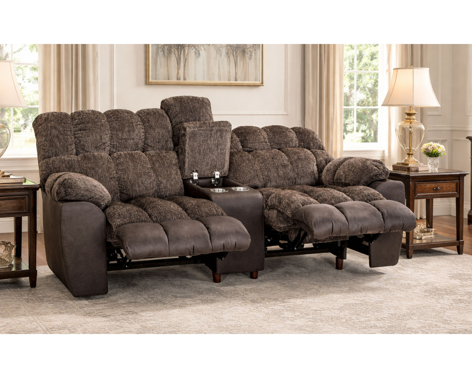 Westwood 88.5" Reclining Sofa with Drop-Down Table, Reading Lights, Cupholders & Storage Drawer (Movie-Night Comfort. Entertainment Built Right In) - Two Tone Leather Like Fabric/Fabric Combination