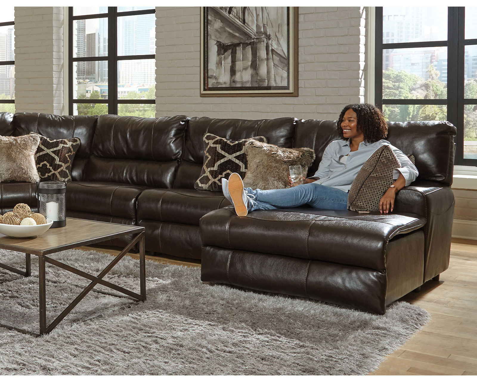 Como Lay Flat Modular Reclining Leather Sectional (2 colors) - Leather Chaise Lounge