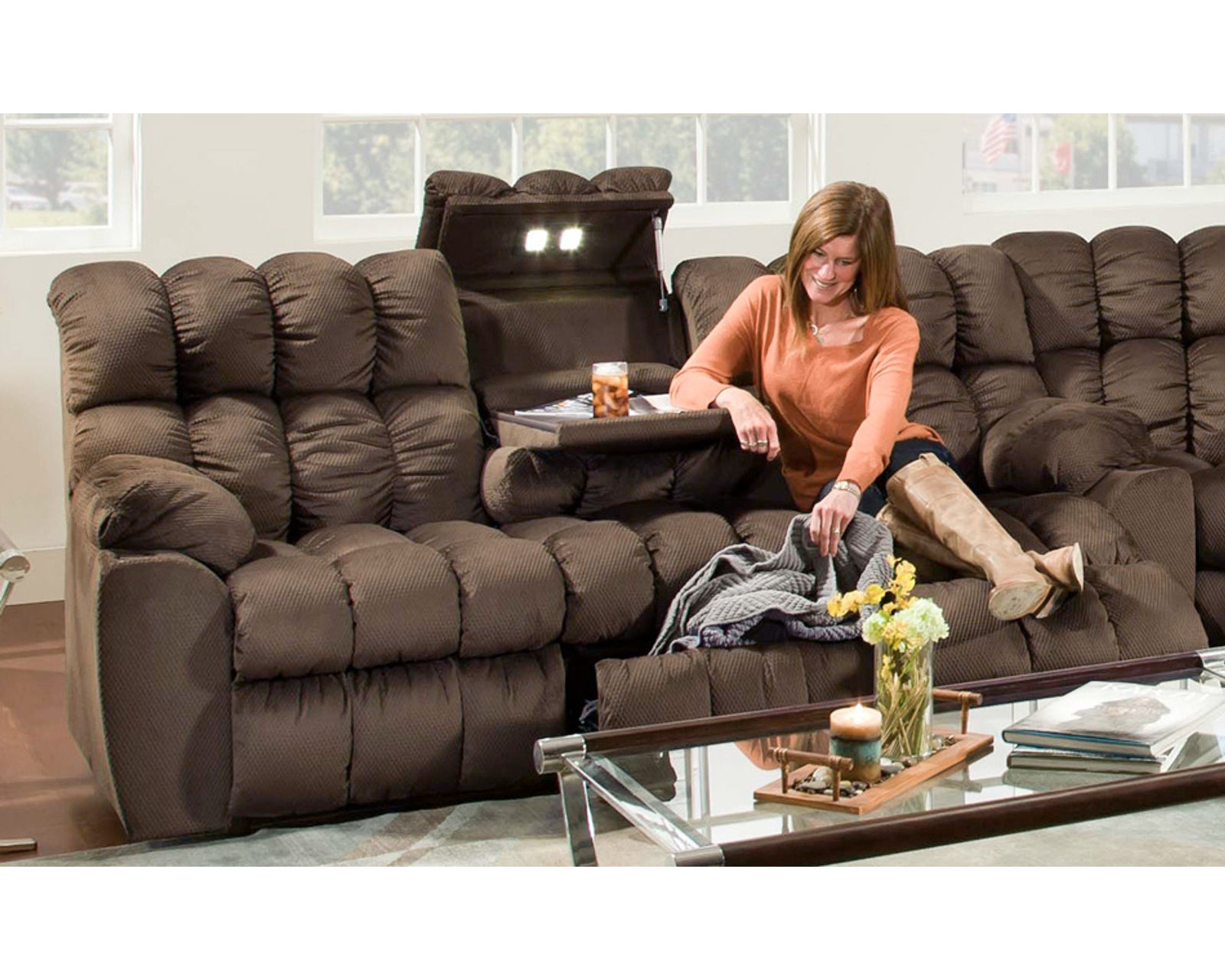Brayden 440 Three-Piece Reclining Sectional with Dropdown Table - Lights and Much More - Brayden 88" Reclining Sofa w/ Drop Down Table, Lights and Drawer