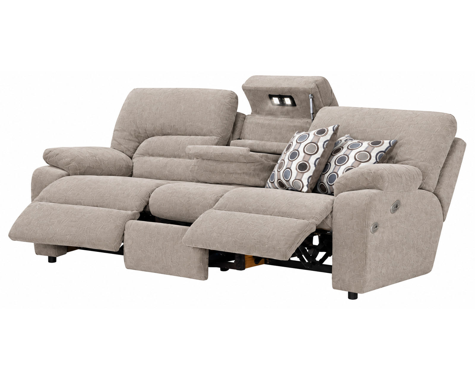 Tribute 797 Three-Piece Dual Power Reclining Sectional Stone (center drop-down table - built-in reading lights, stainless-steel cupholders, USB charging and wireless charging - drop down table) - Tribute Power Headrest Reclining Sofa w/ Lights, Drawer and USB